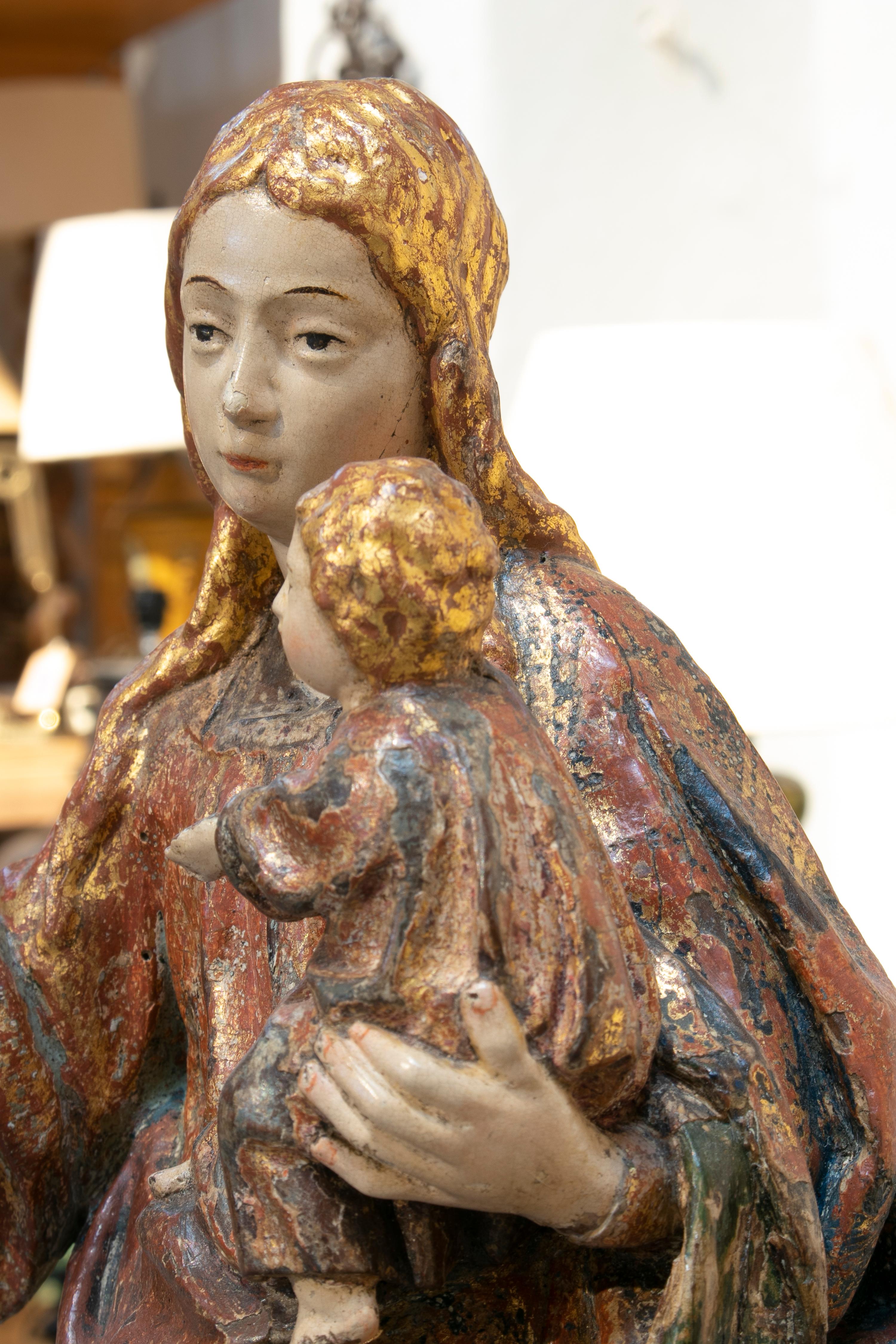 16th Century Spanish Religious Painted Wooden Sculpture of Woman with Boy 2