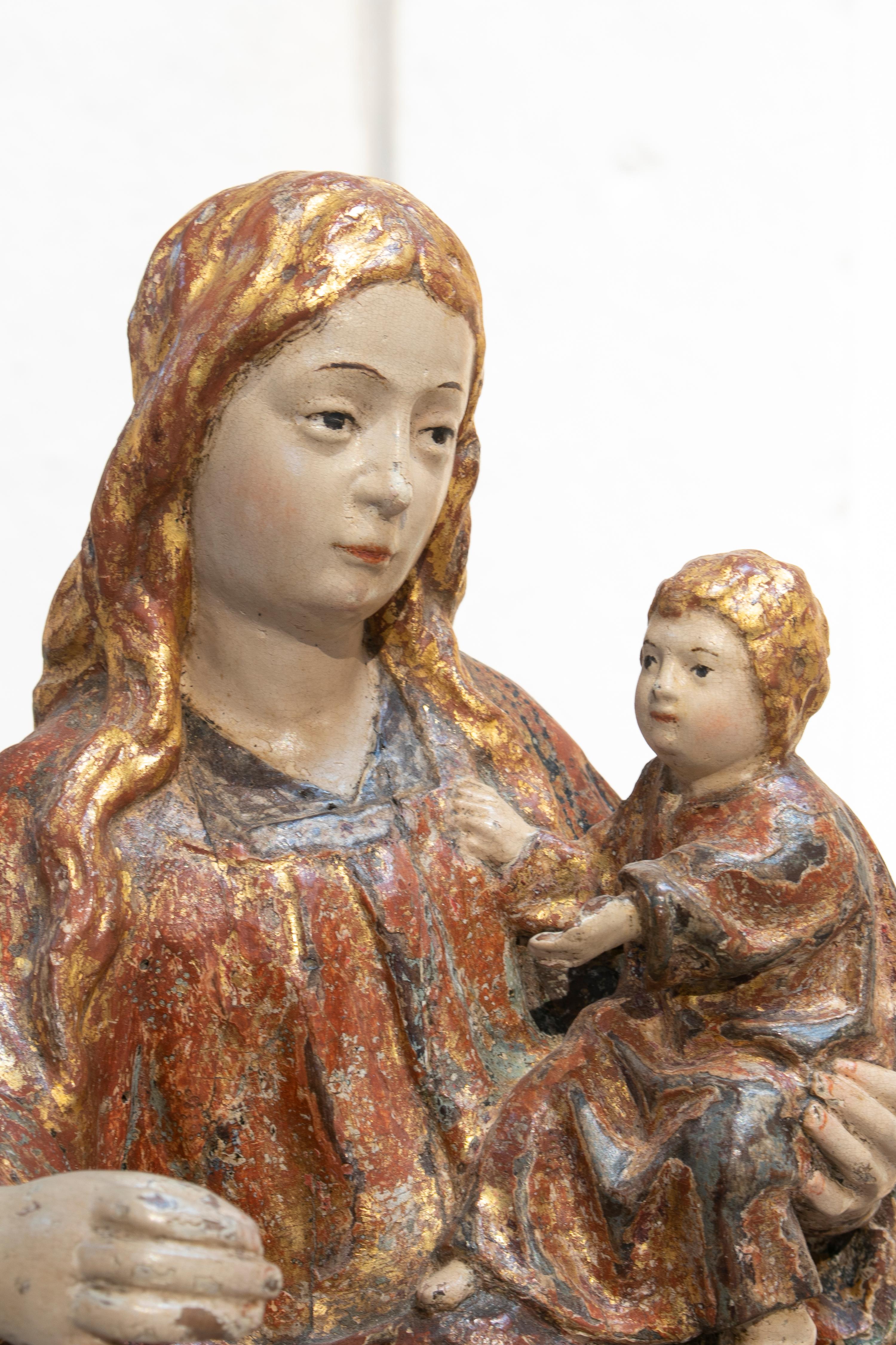 16th Century Spanish Religious Painted Wooden Sculpture of Woman with Boy 3