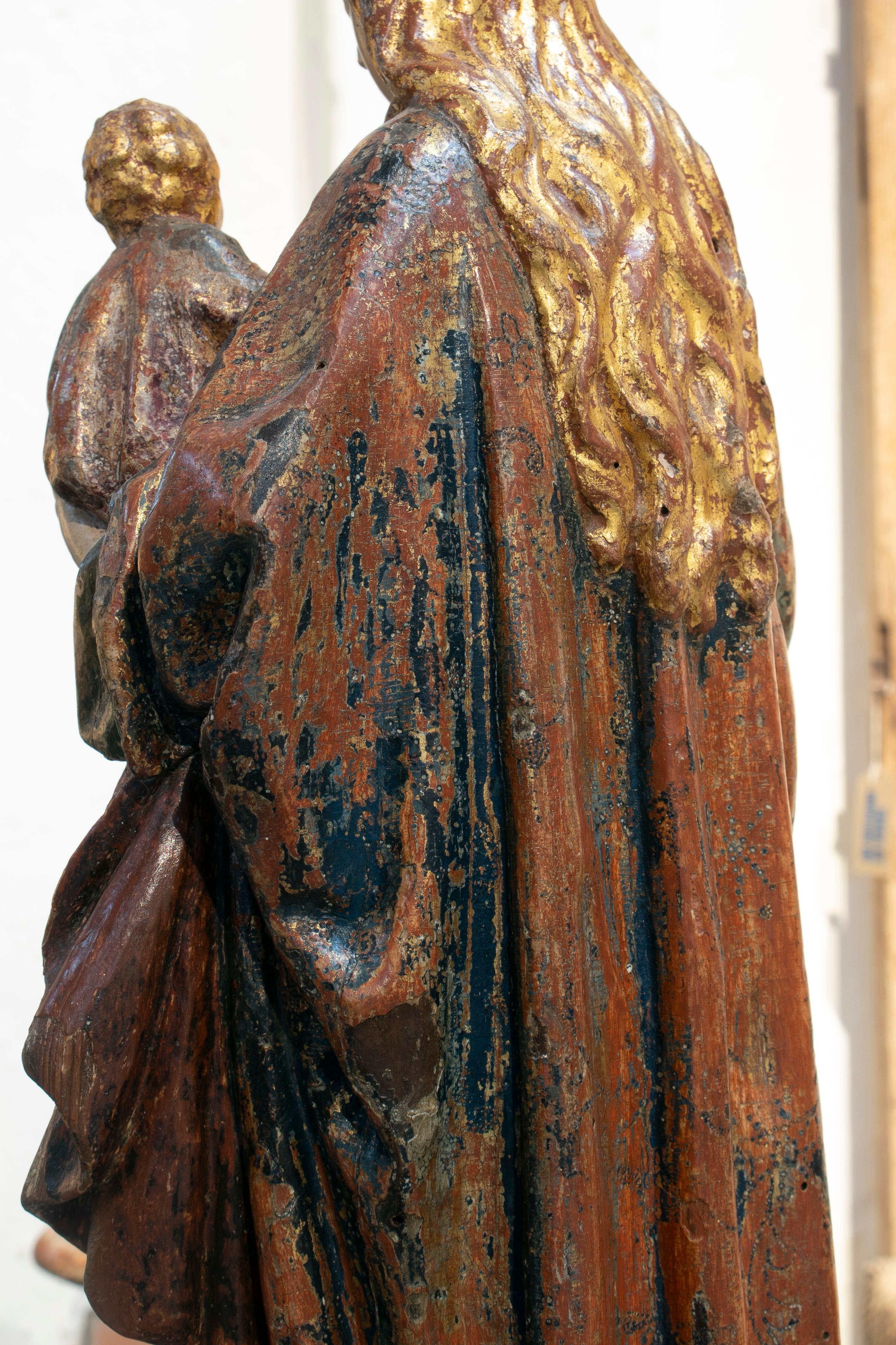16th Century Spanish Religious Painted Wooden Sculpture of Woman with Boy 5