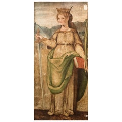 16th Century Spanish School "St Catalina of Alejandría" Polychrome Oil on Panel