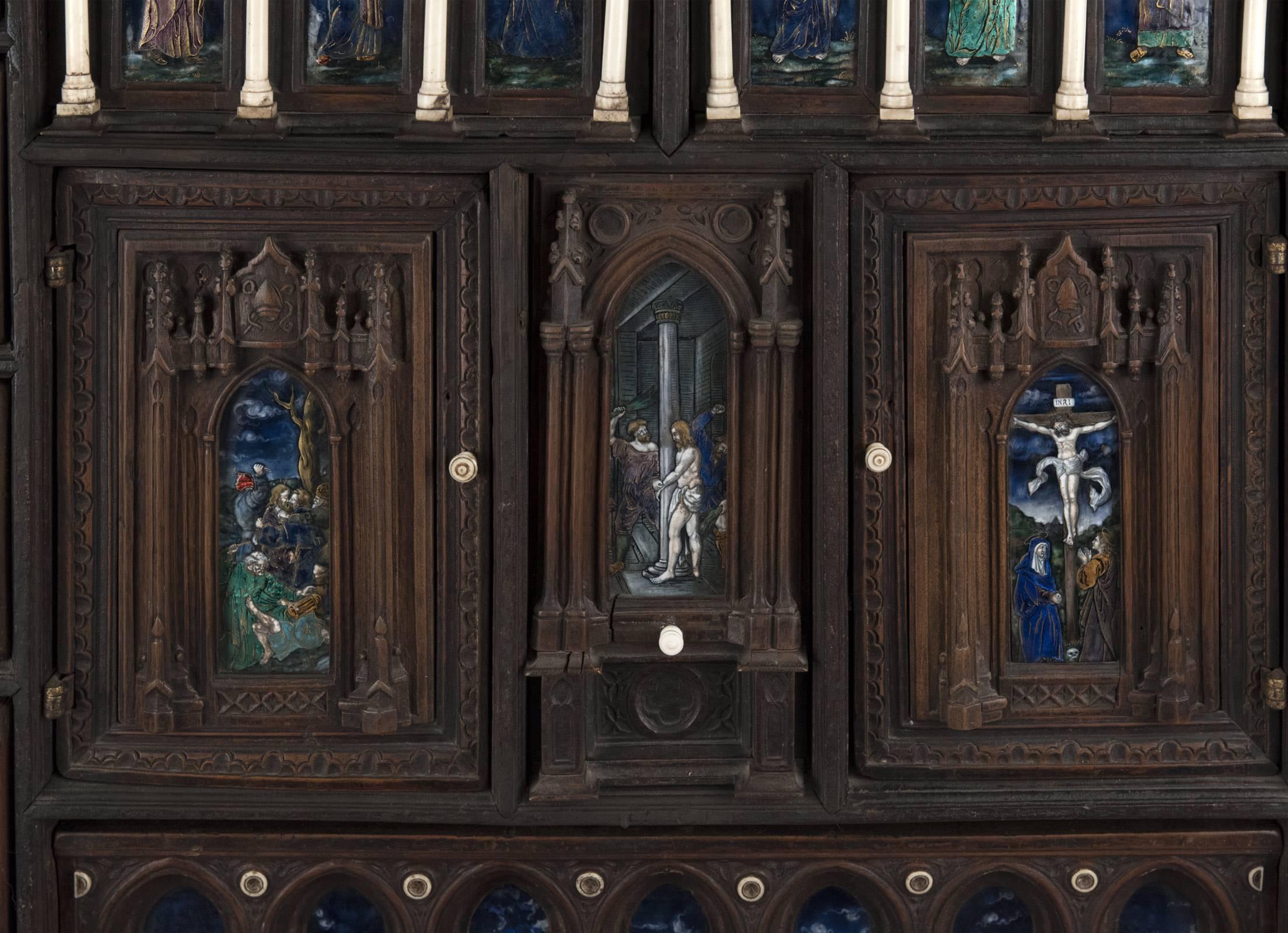16th Century Spanish Vargueño Cabinet with Limoges Enamel Drawer Fronts For Sale 2