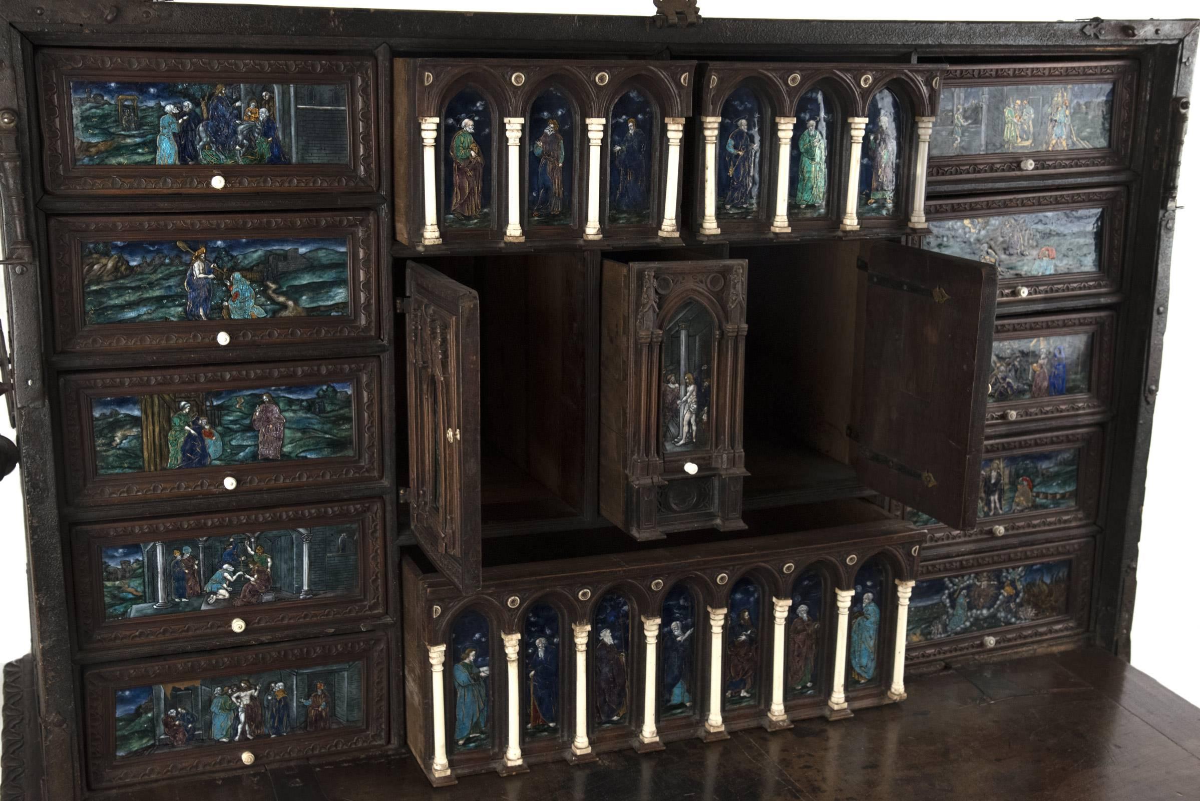 16th Century Spanish Vargueño Cabinet with Limoges Enamel Drawer Fronts For Sale 3