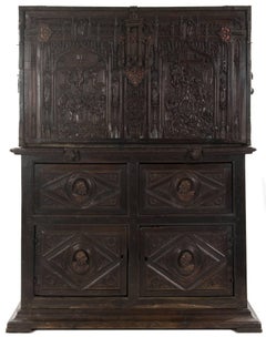 16th Century Spanish Vargueño Cabinet with Limoges Enamel Drawer Fronts