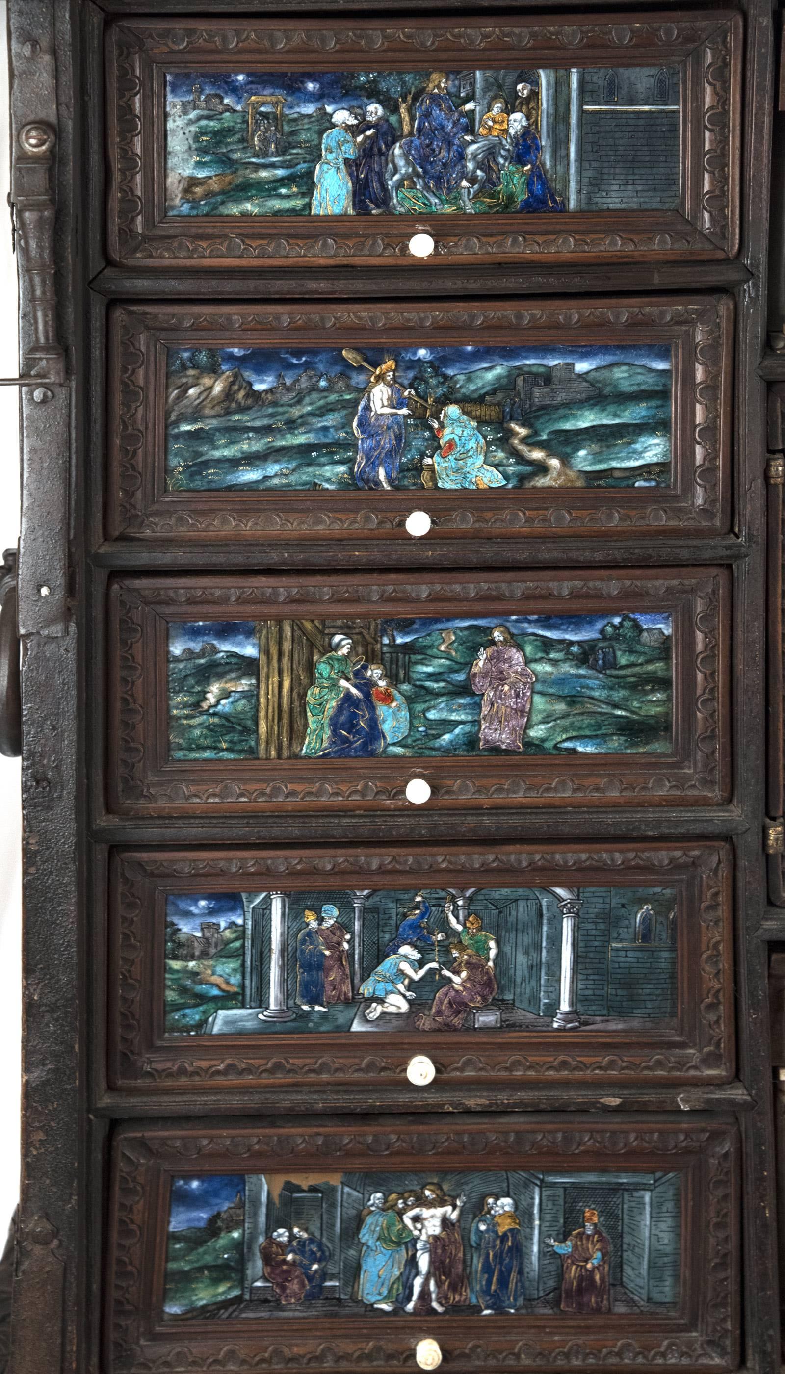 18th Century and Earlier 16th Century Spanish Vargueño Cabinet with Limoges Enamel Drawer Fronts For Sale