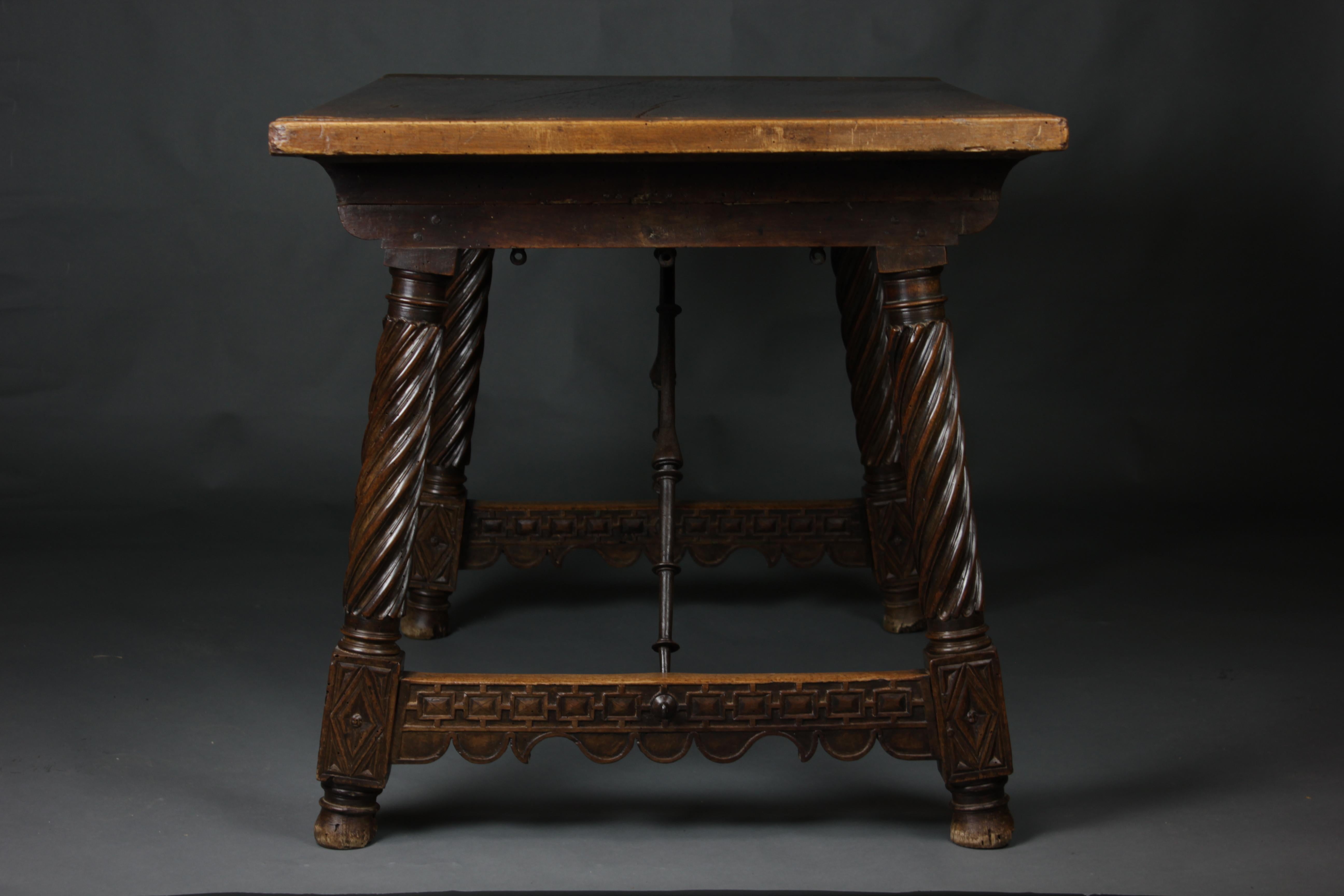 An impressive and illustrated 16th century Spanish walnut writing table, exemplifying unparalleled craftsmanship. The exquisite detailing on the legs, stretchers, and even on the bottom of the table top reveals the profound artistry that