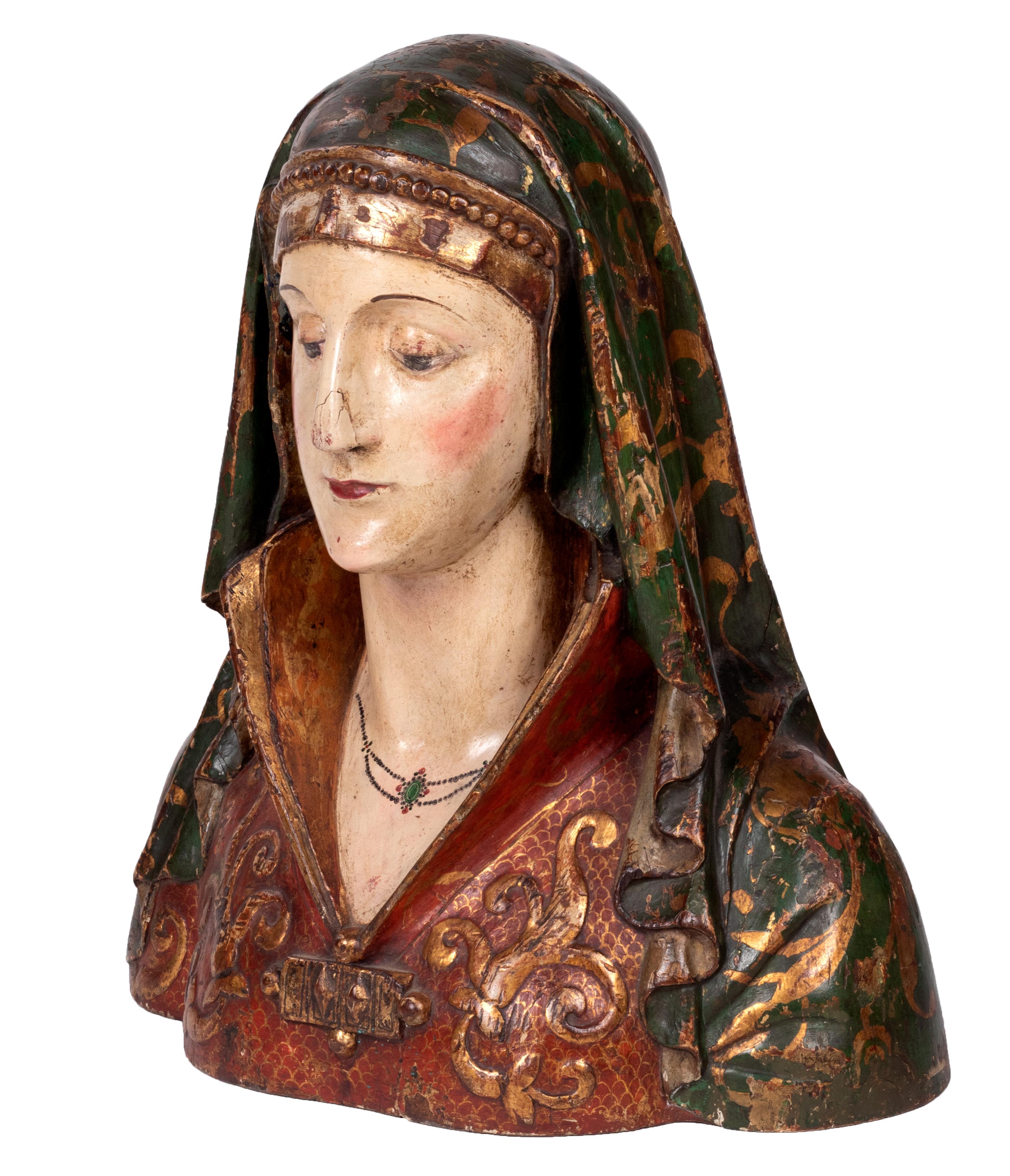 16th century Spanish wooden painted and gilded reliquary bust of a saint.