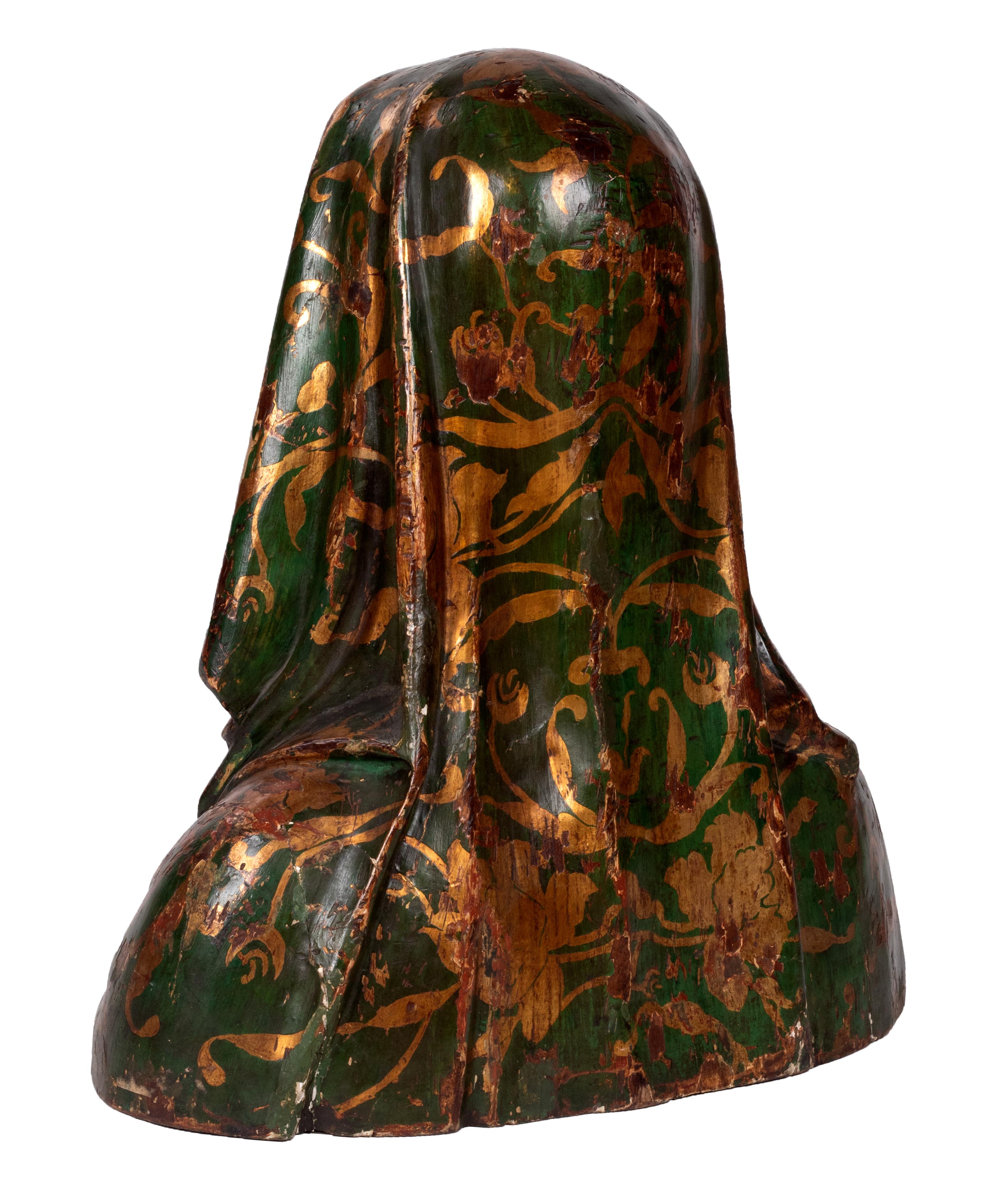 Hand-Painted 16th Century Spanish Wooden Painted and Gilded Reliquary Bust of a Saint