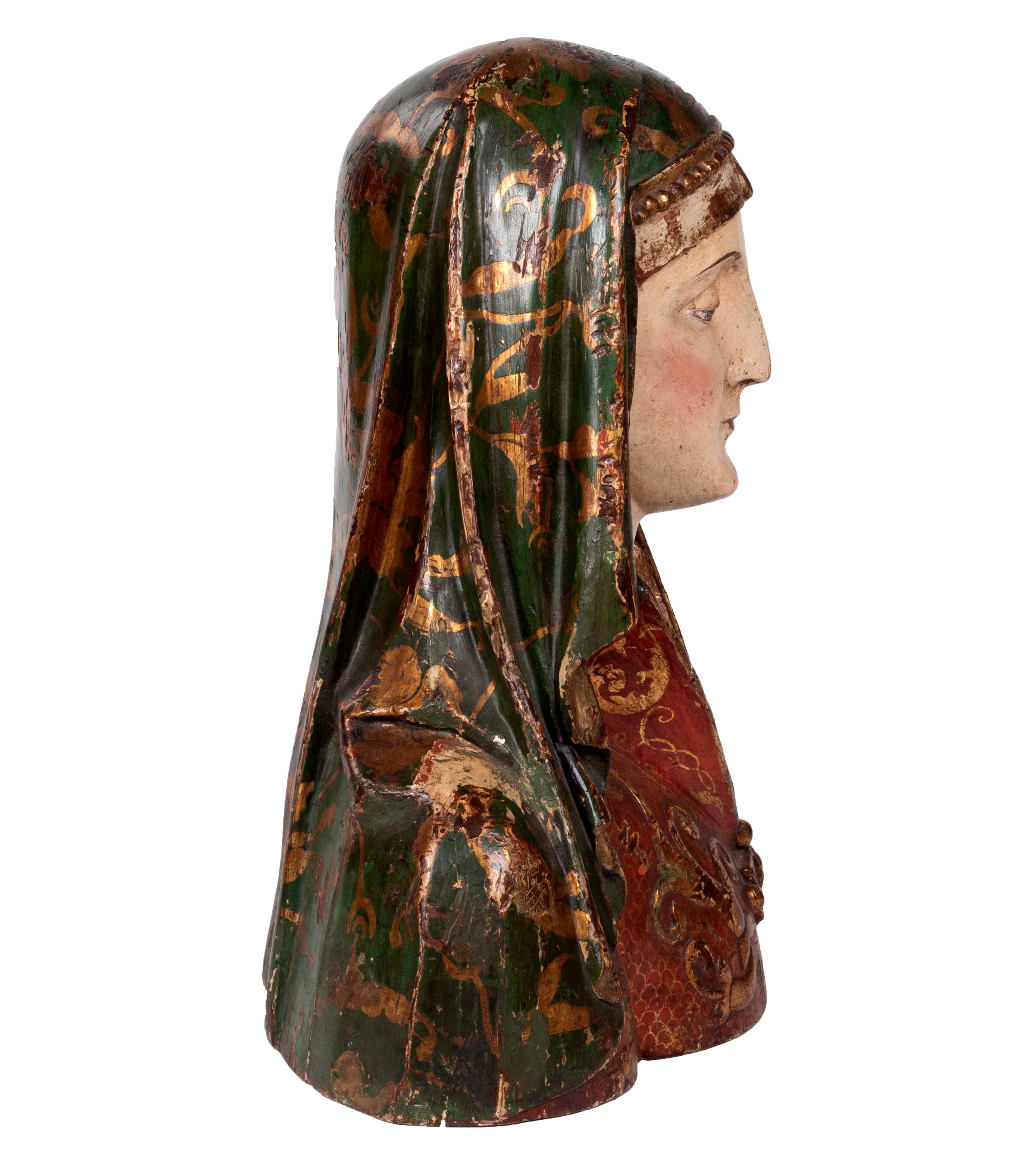 16th Century Spanish Wooden Painted and Gilded Reliquary Bust of a Saint 1