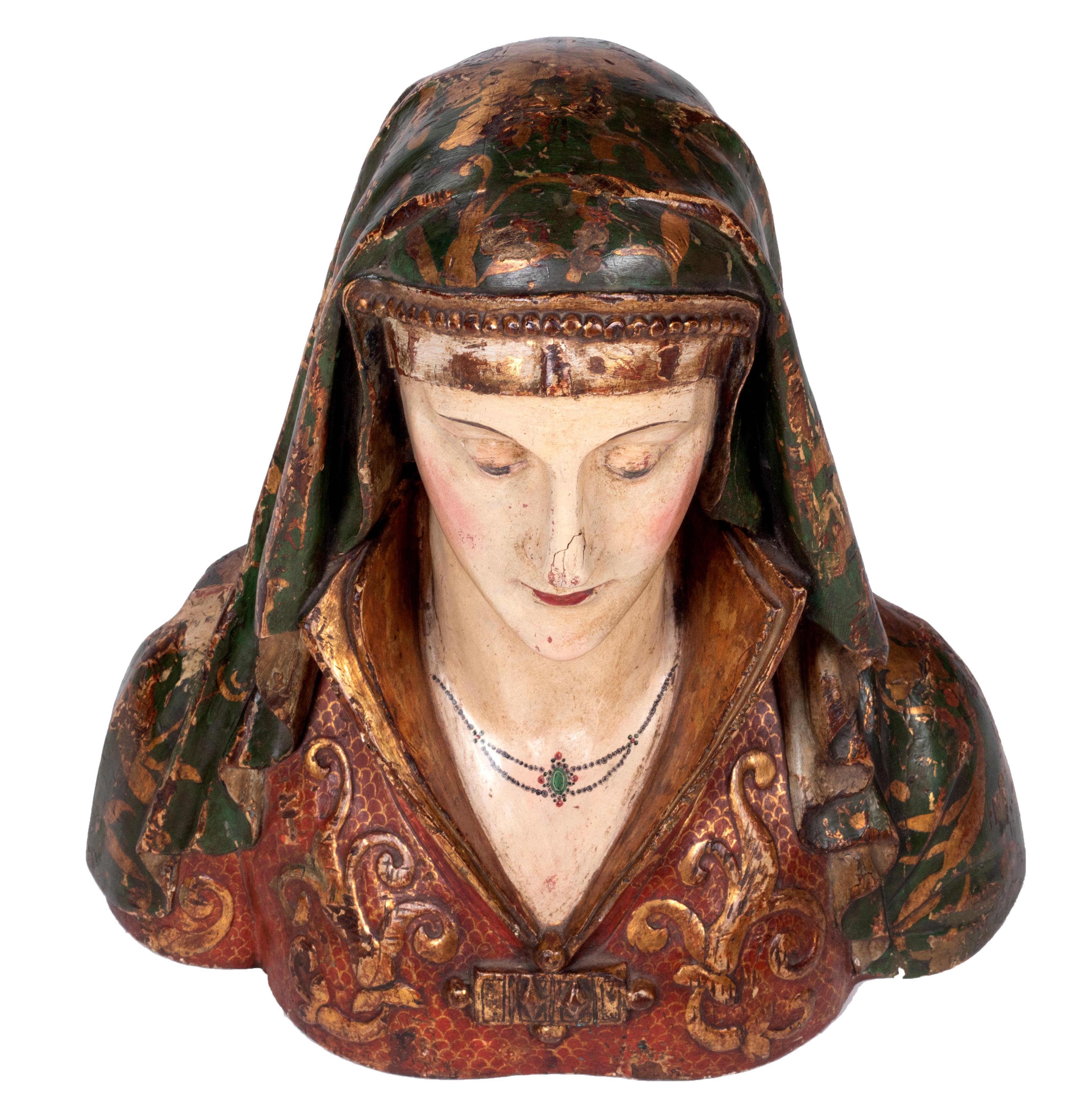 16th Century Spanish Wooden Painted and Gilded Reliquary Bust of a Saint 3