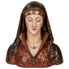 16th Century Spanish Wooden Painted and Gilded Reliquary Bust of a Saint