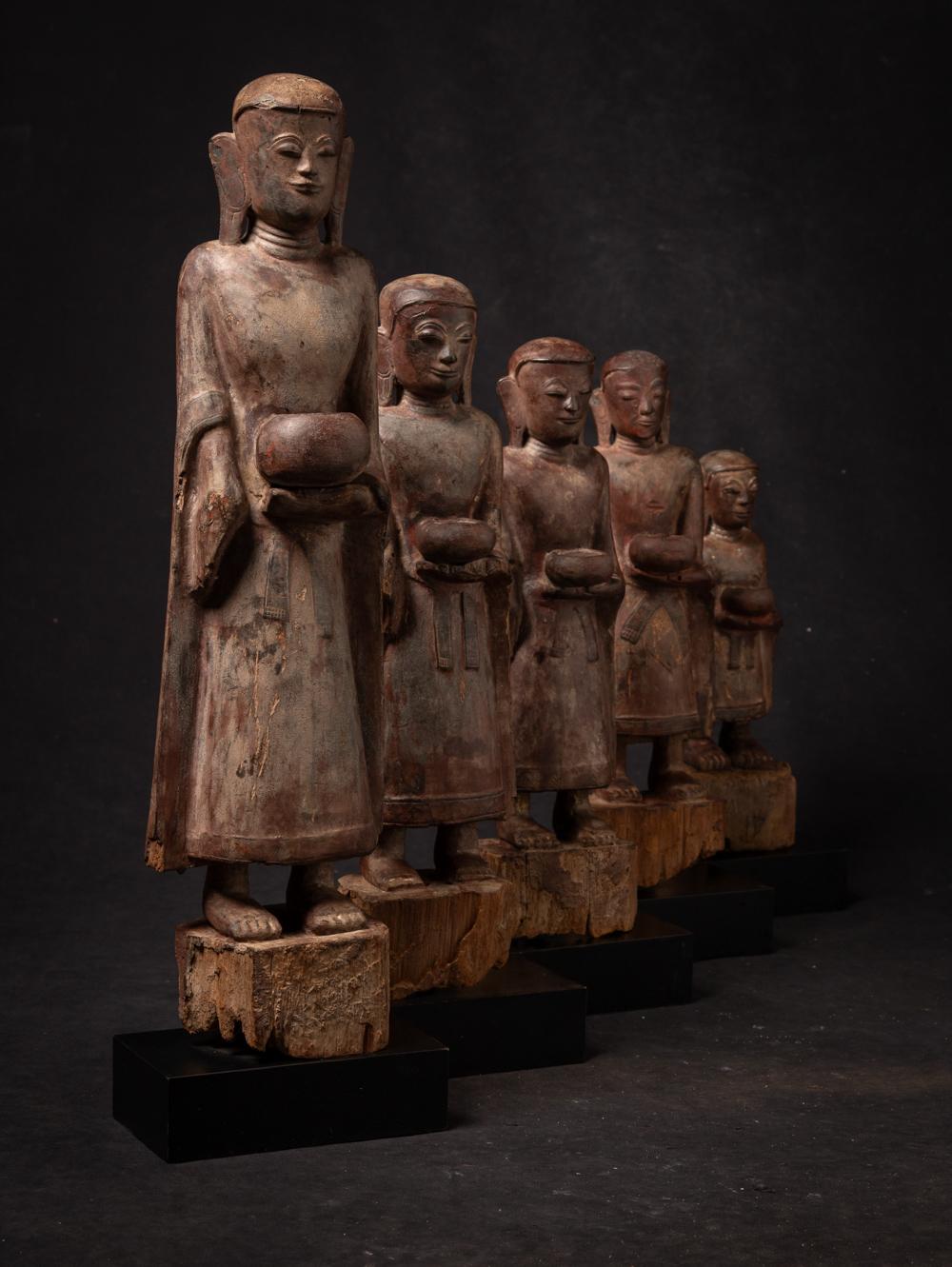 16th century Special set of 5 antique wooden Monk statues from Burma 13