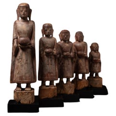 16th century Special set of 5 antique wooden Monk statues from Burma