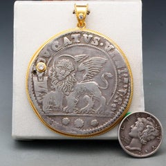 16th Century Venetian Lion Coin Diamonds 18K Gold Pendant