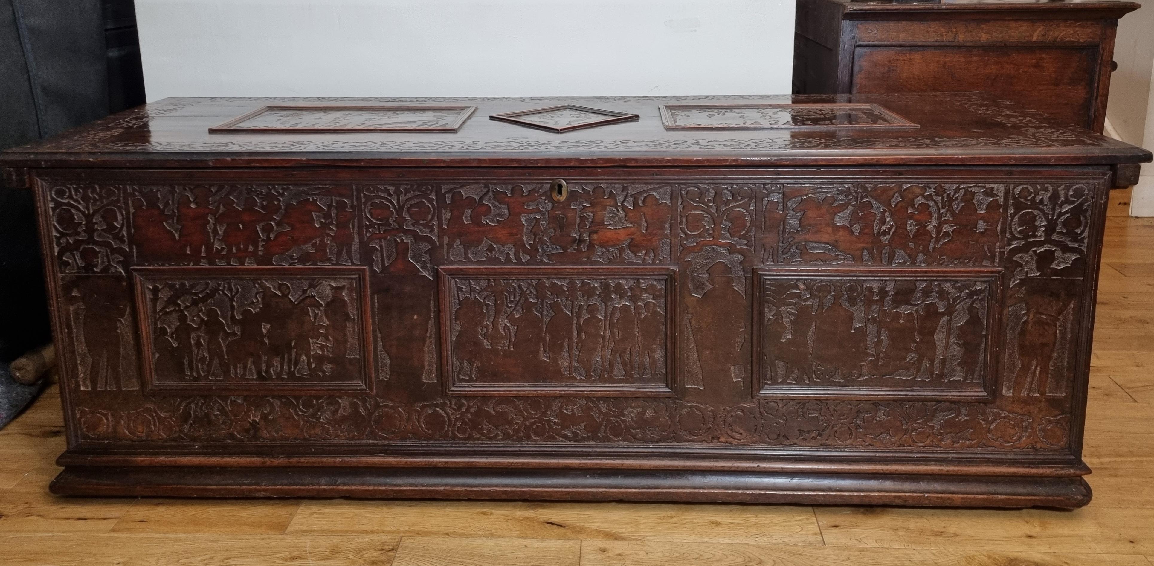 A large 16th century Venetian cedar. wood Cassone is an exquisite example of the craftsmanship characteristic of the Italian Renaissance period, featuring beautifully detailed scenes dating to circa 1550-1580.
Made from cedar wood, the chest has a