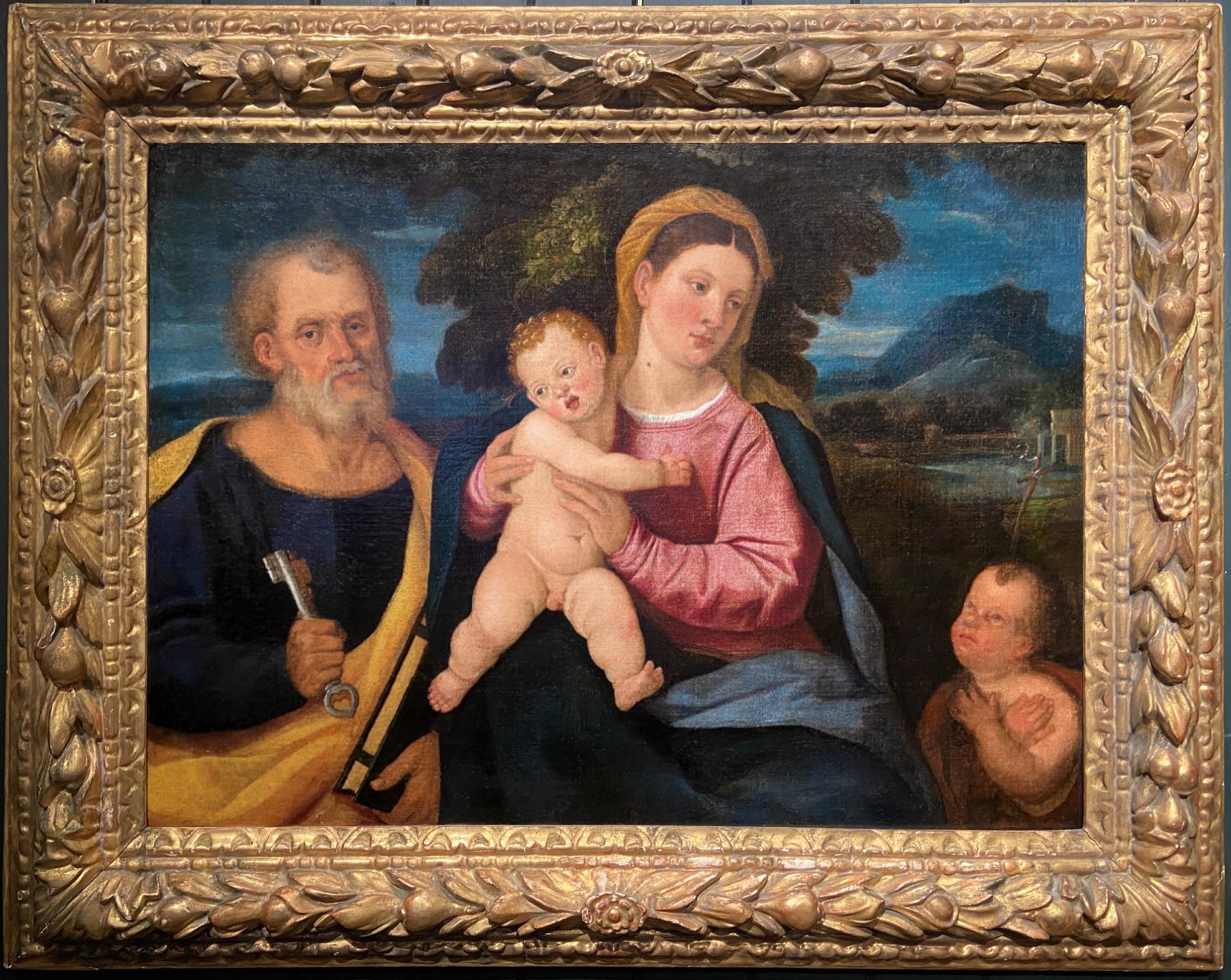 The Holy Family, 16th Century Venetian School, Oil on Canvas, Hand Carved Frame For Sale 1