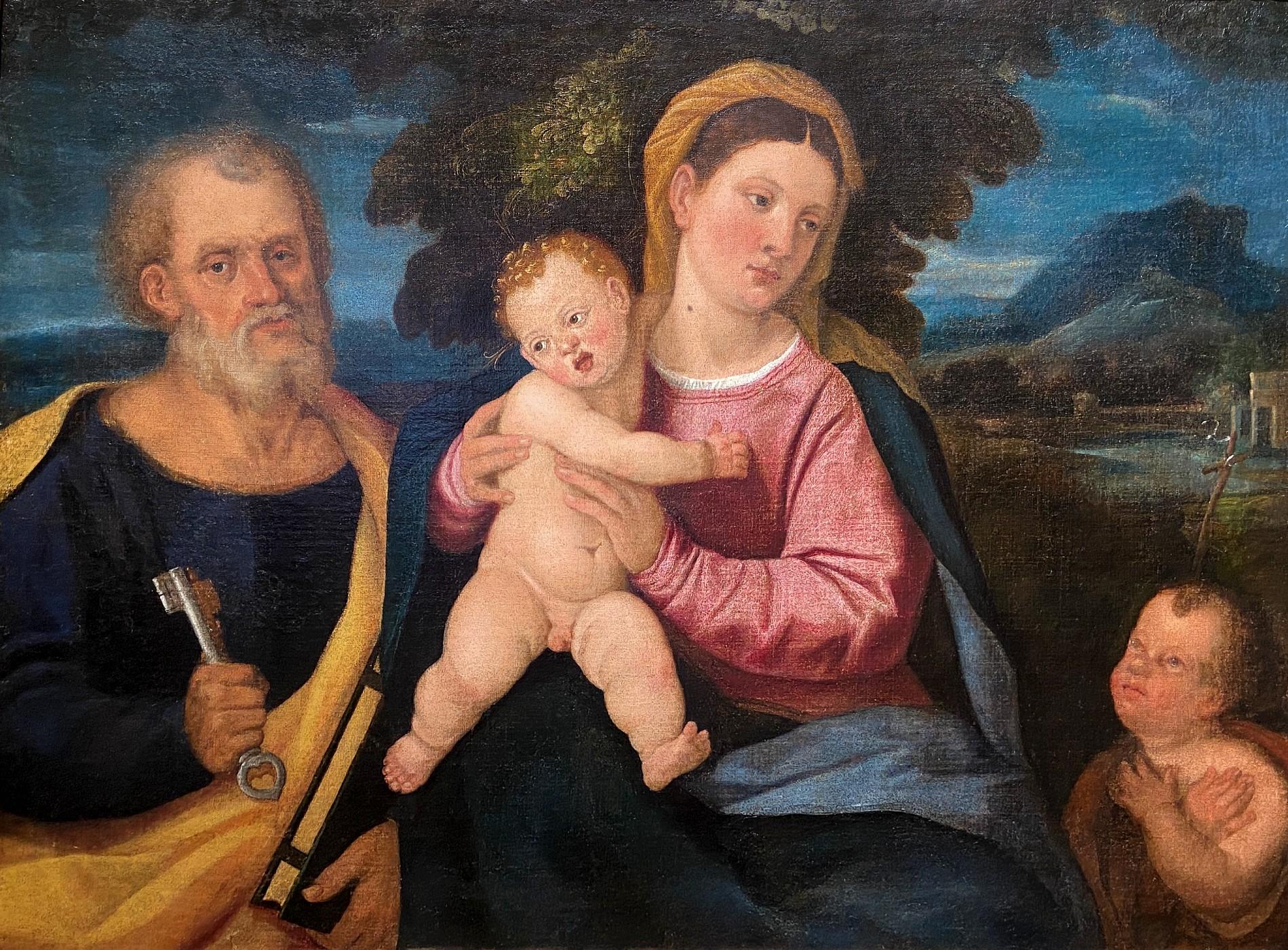 Oil on canvas
Image size: 26 x 37 inches (66 x 94 cm)
Period hand carved gilt frame

The pictorial arrangement of the Holy Family, with various saints in a landscape, was very popular in sixteenth-century Venice, following the prototype of Giovanni