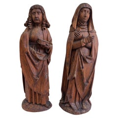 Antique 16th Century Virgin Mary and Saint John, Pair of Linden Wood Sculptures