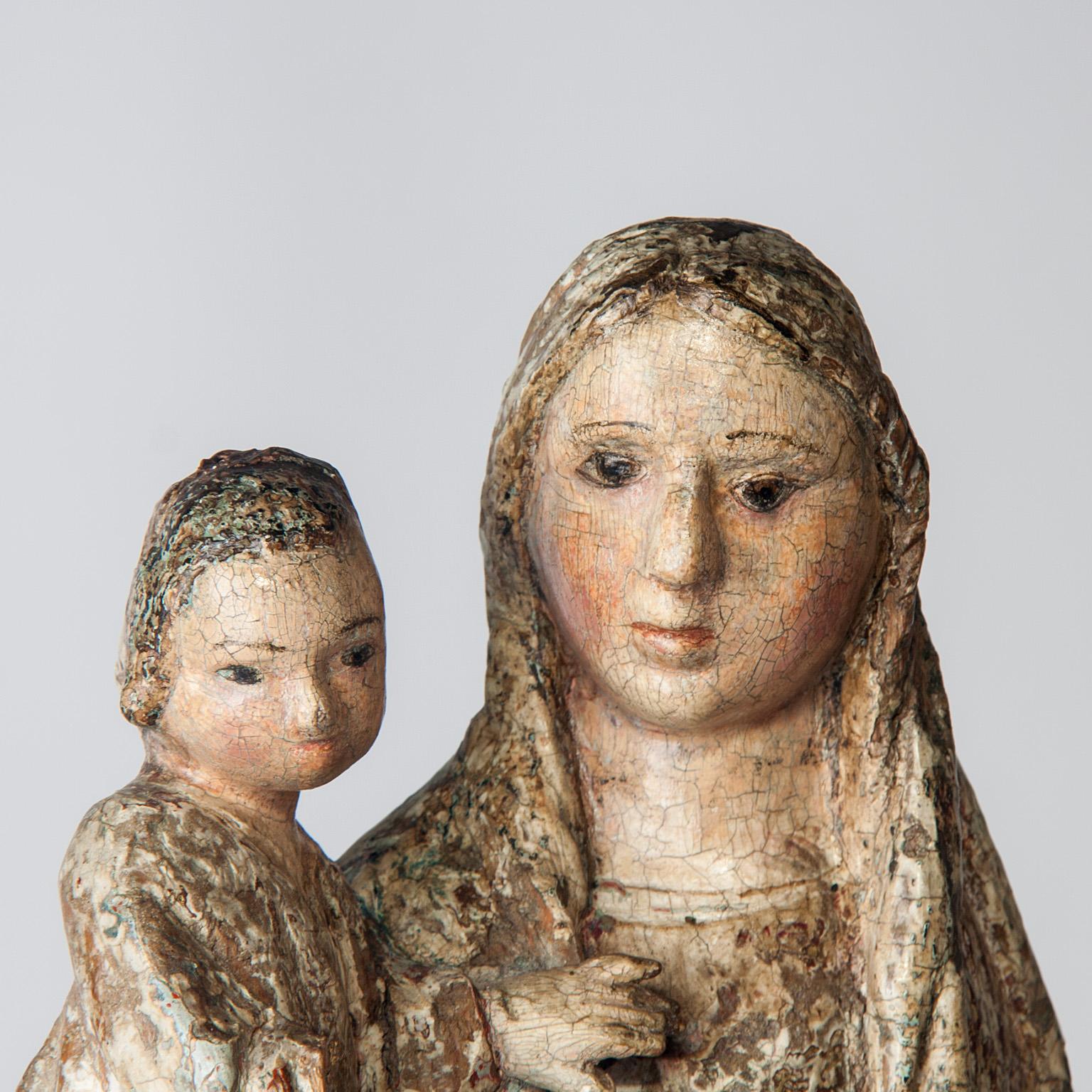 18th Century and Earlier 16th Century Wooden Madonna with Child, circa 1500 For Sale