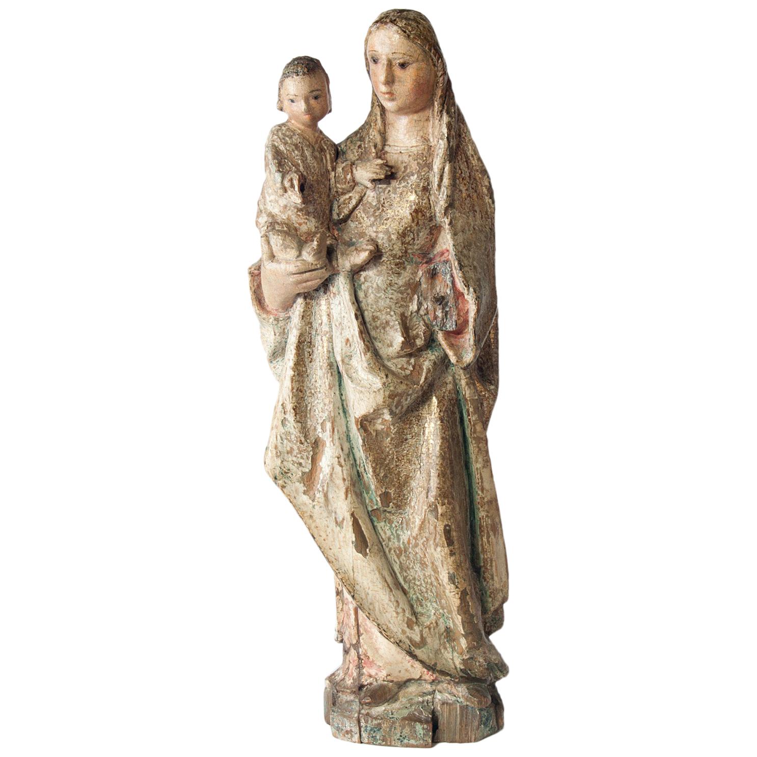 16th Century Wooden Madonna with Child, circa 1500 For Sale
