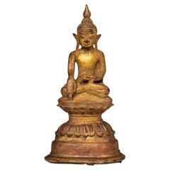 16th Century Antique Burmese Bronze Buddha with Gilded Gold on Double Lotus Base
