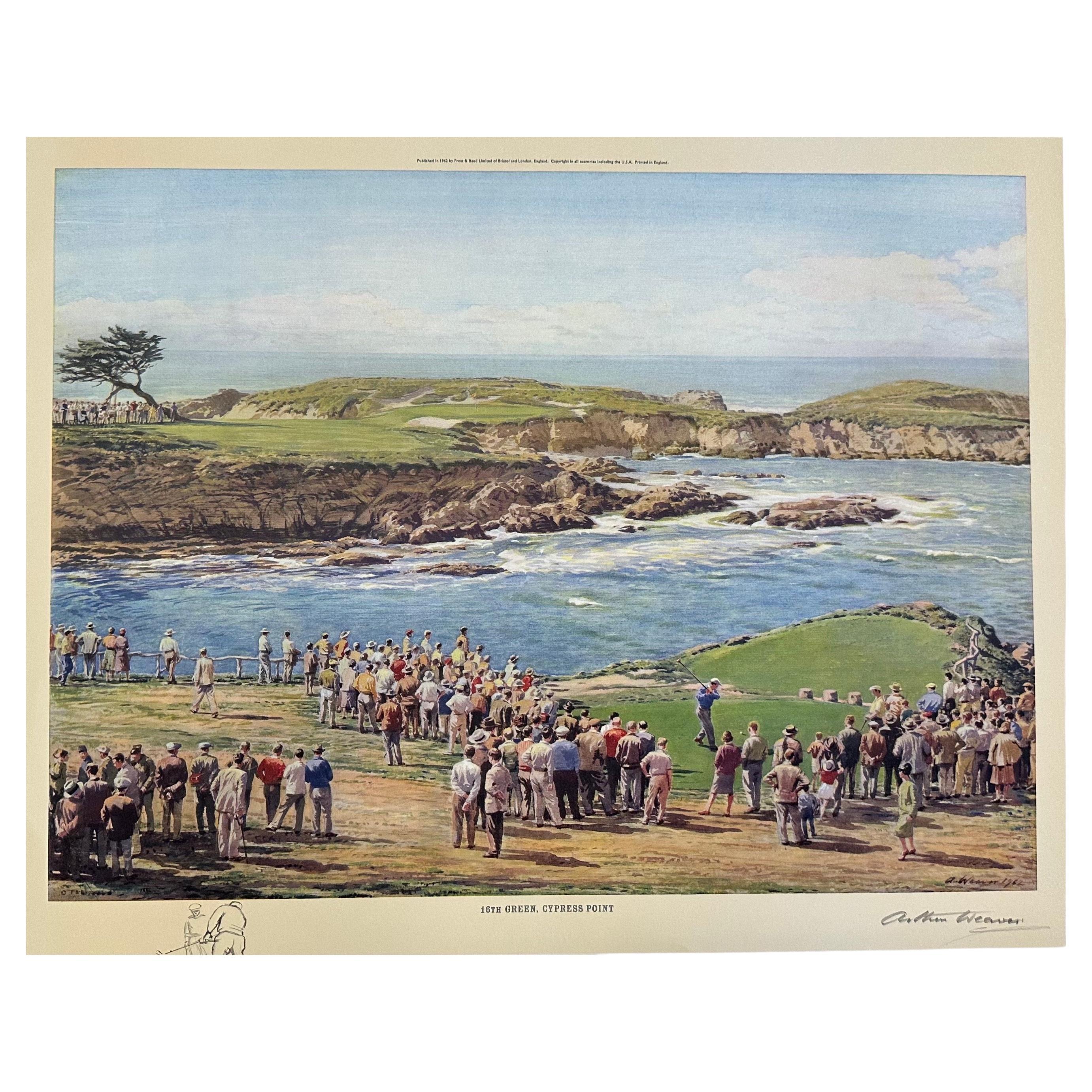 "16° Green, Cypress Point" Stampa sul golf con schizzo originale di Arthur Weaver