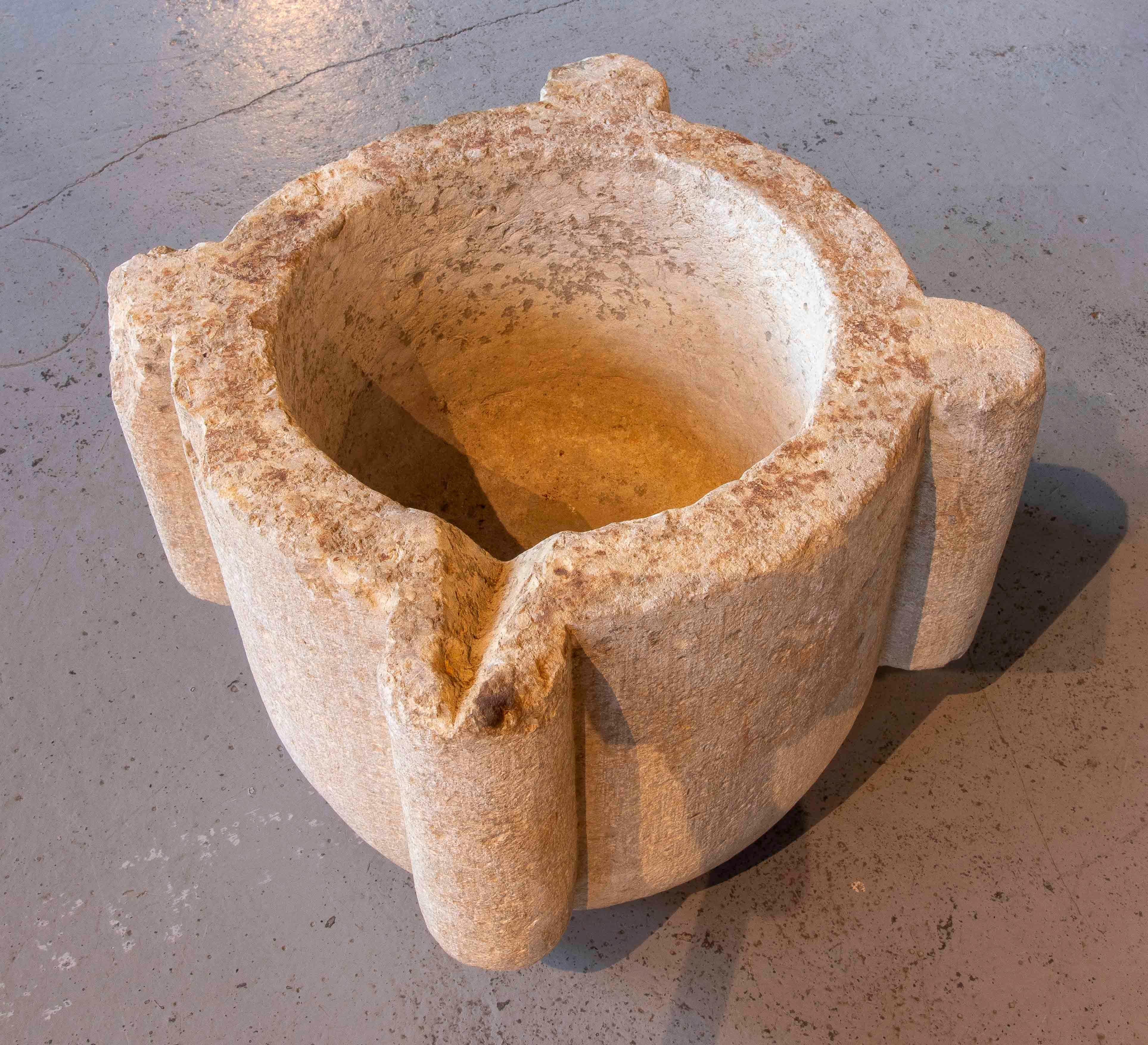 18th Century and Earlier 16th Large Antique Carved Stone Mortar For Sale