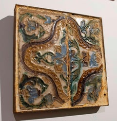 16th Pair of Historic Glazed Tiles with Organic Relief Design