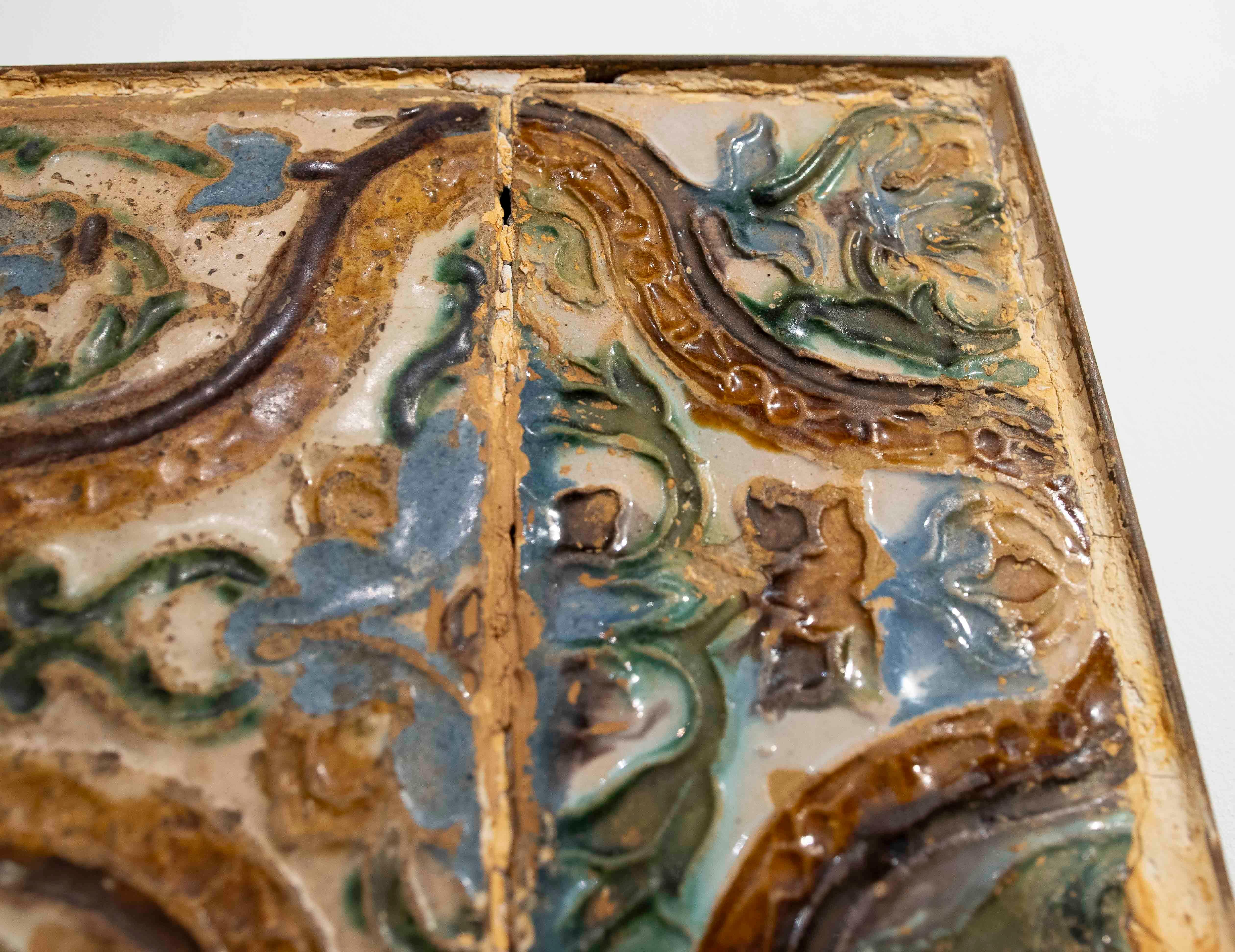 16th Pair of Historic Glazed Tiles with Organic Relief Design (Keramik) im Angebot