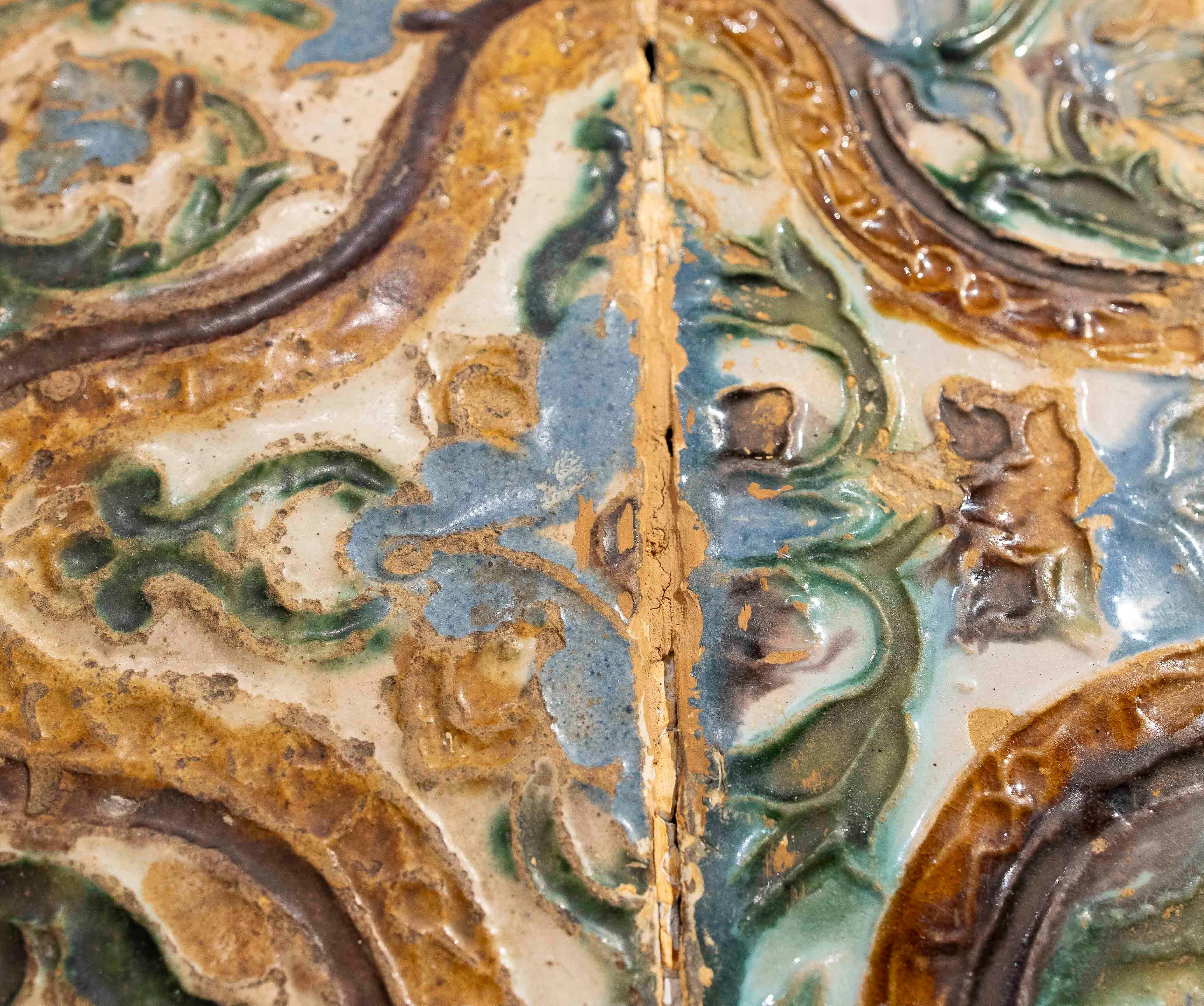 16th Pair of Historic Glazed Tiles with Organic Relief Design im Angebot 1