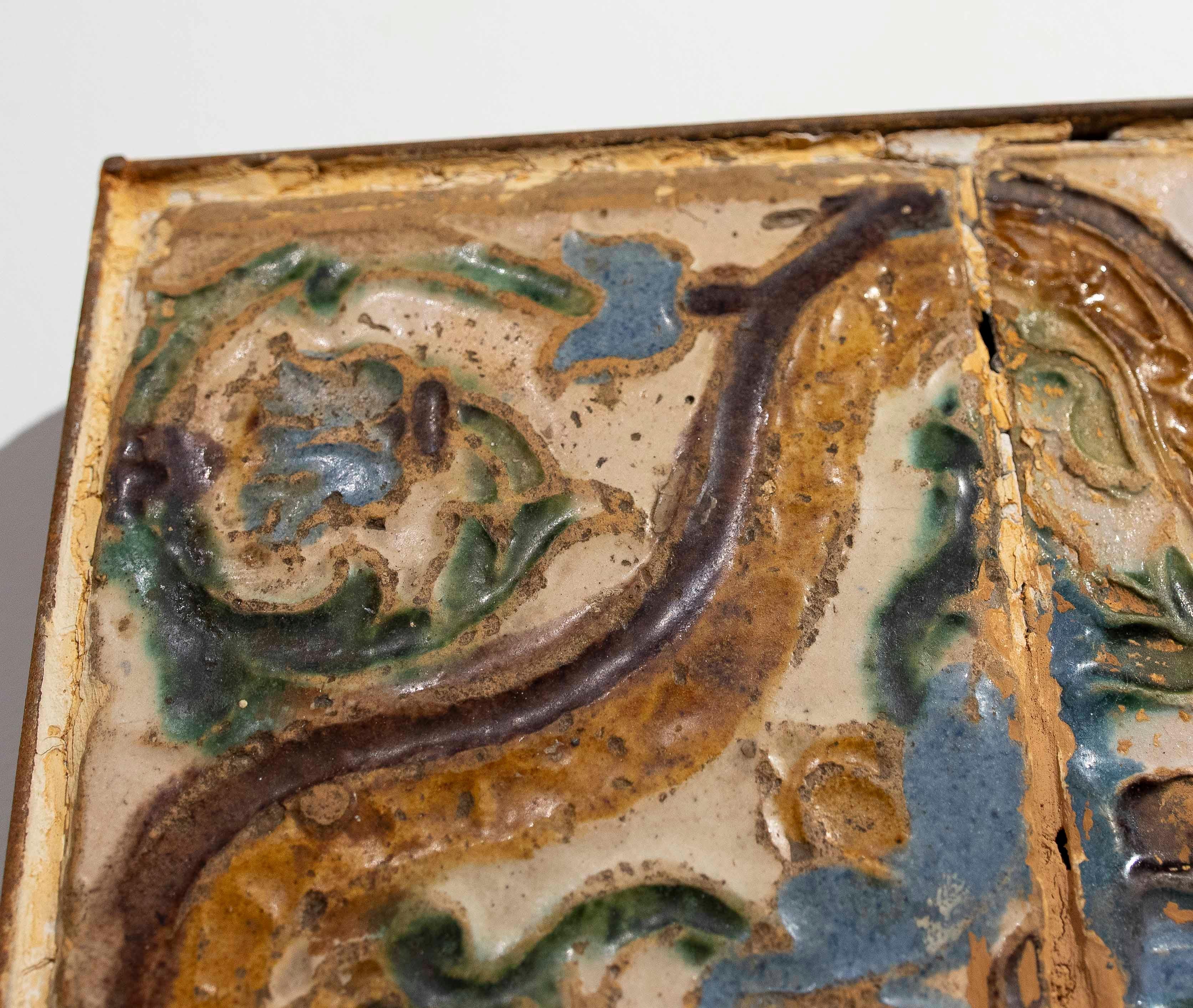 16th Pair of Historic Glazed Tiles with Organic Relief Design im Angebot 2