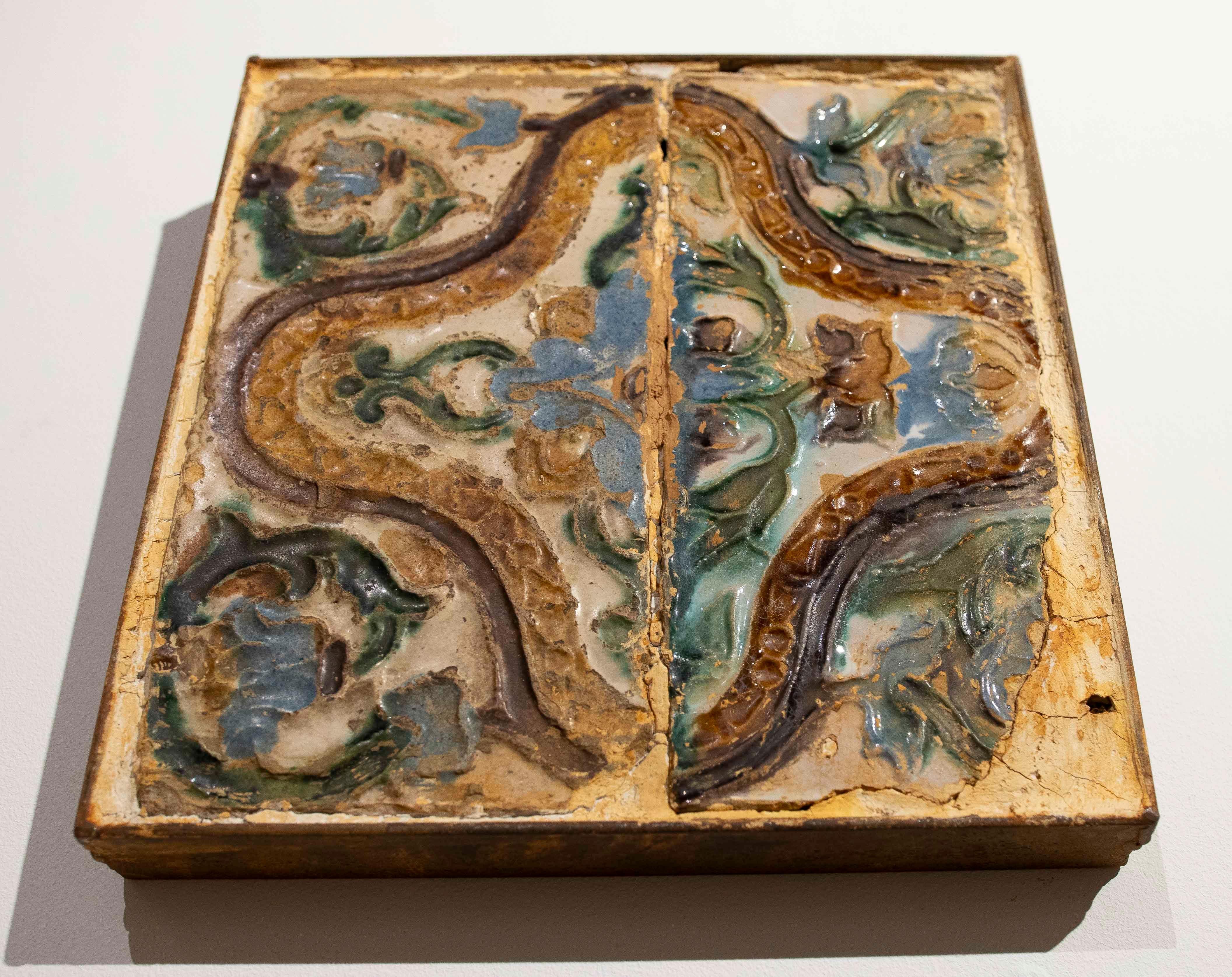 16th Pair of Historic Glazed Tiles with Organic Relief Design im Angebot 3