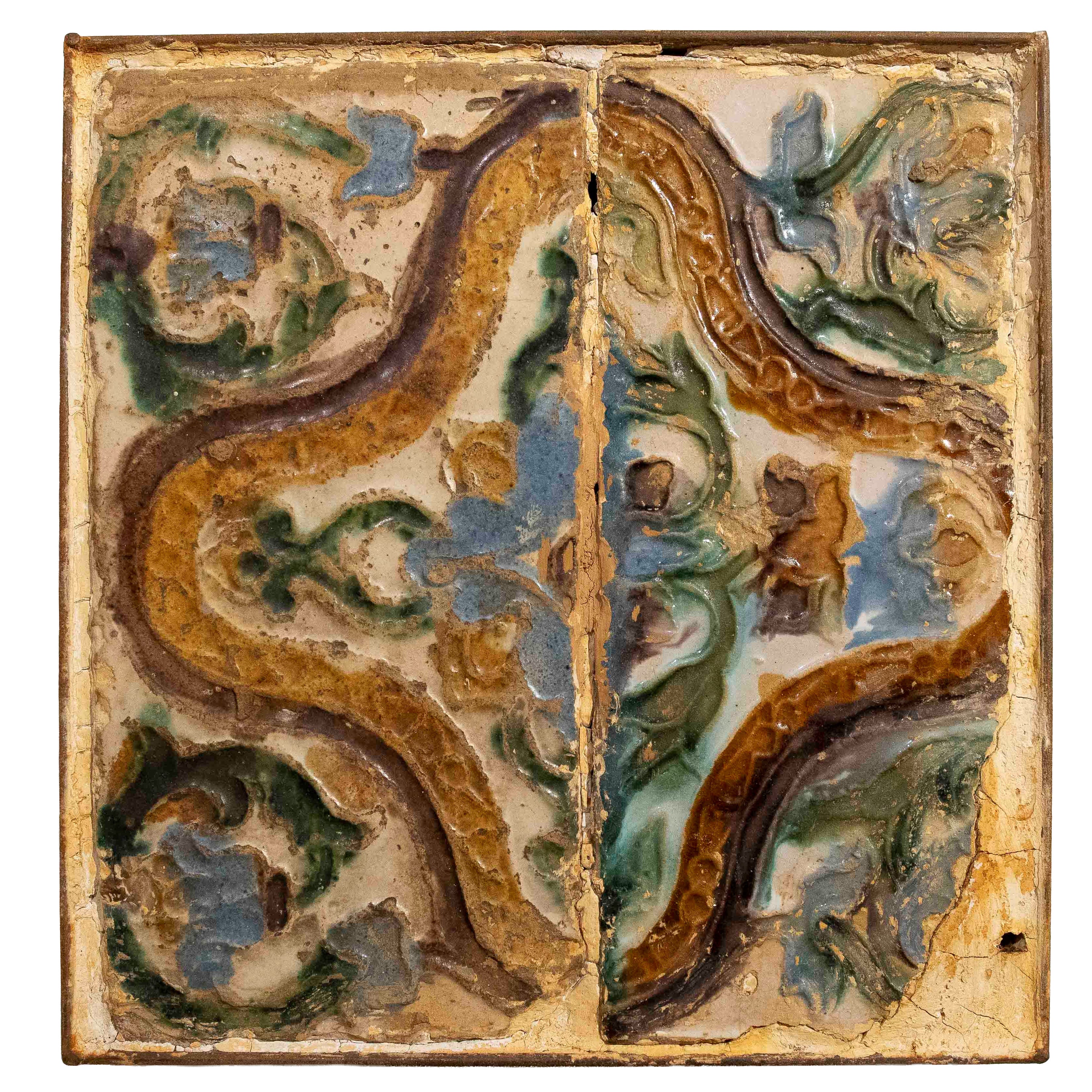 16th Pair of Historic Glazed Tiles with Organic Relief Design