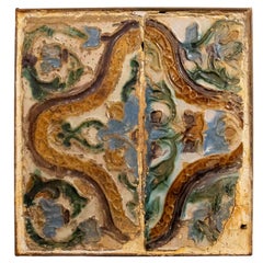 16th Pair of Historic Glazed Tiles with Organic Relief Design