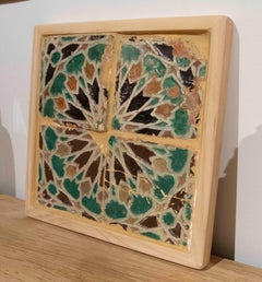 16th Panel of Four Antique Geometric Glazed Tiles in a Wooden Frame