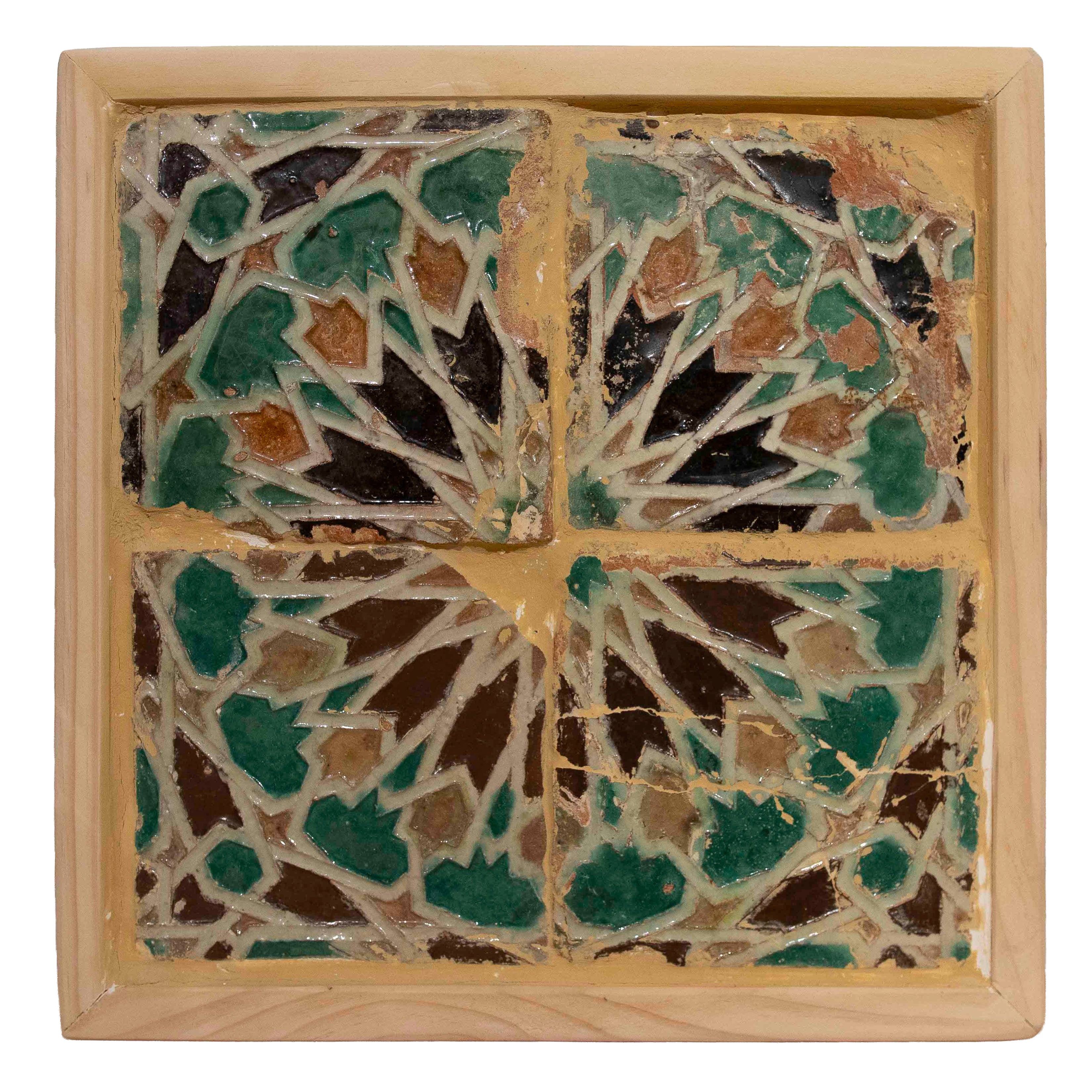 16th Panel of Four Antique Geometric Glazed Tiles in a Wooden Frame