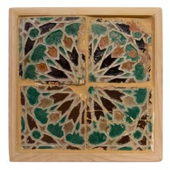16th Panel of Four Antique Geometric Glazed Tiles in a Wooden Frame
