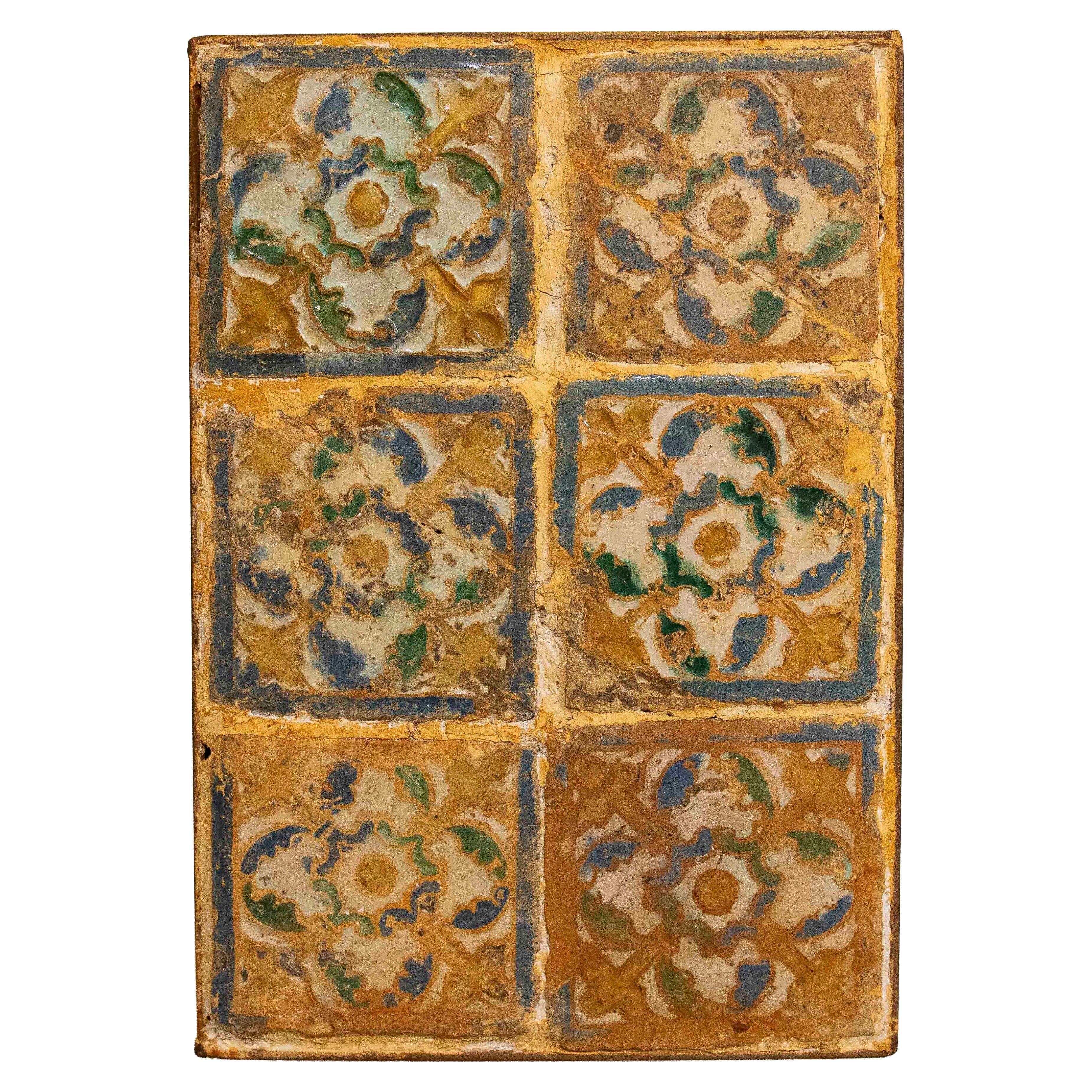 16th Panel of Six Antique Tiles with Enamelled Floral Motifs