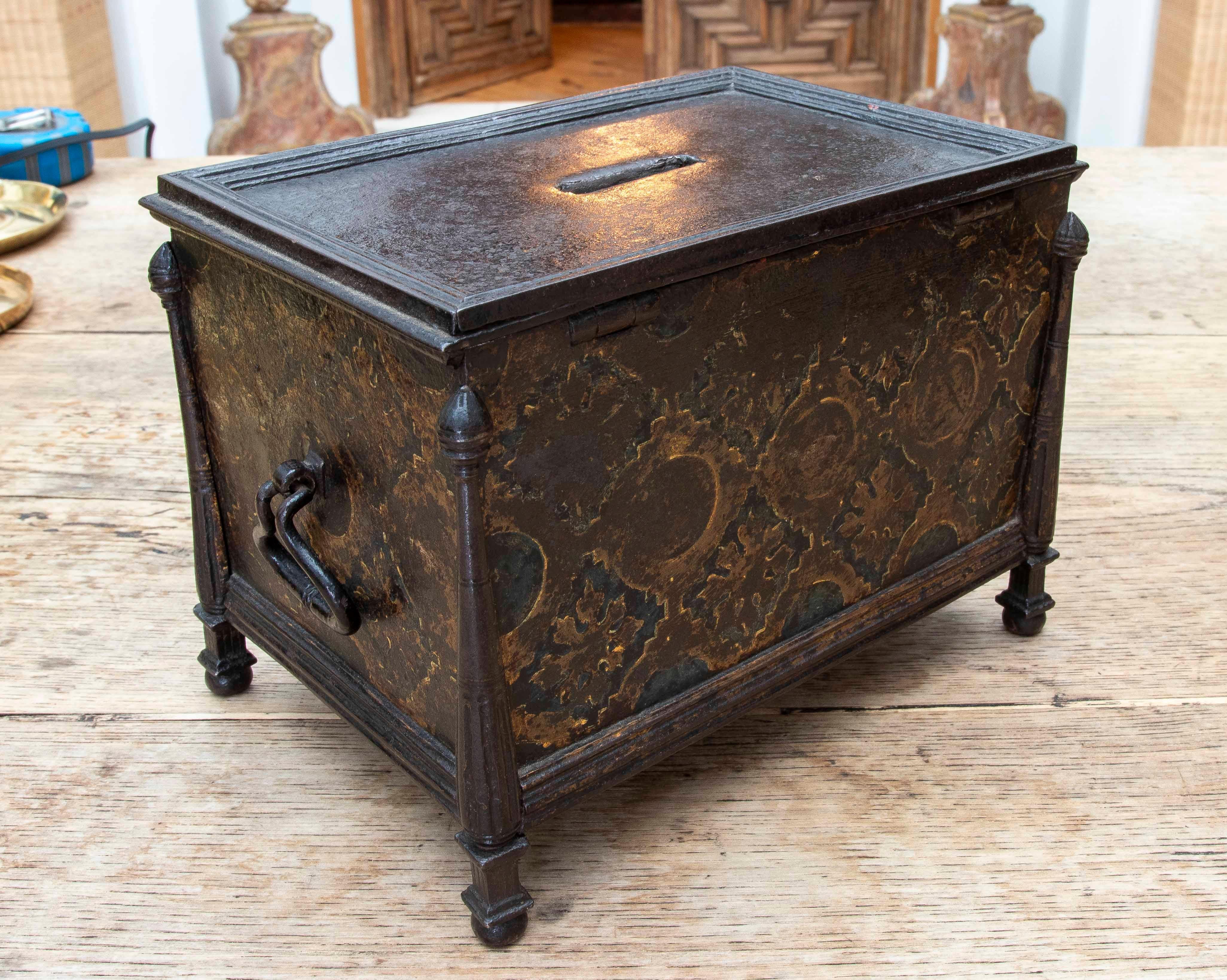 Polychromed 16th Wrought Iron Safe, Renaissance Style, for Donations or Cash Chest For Sale