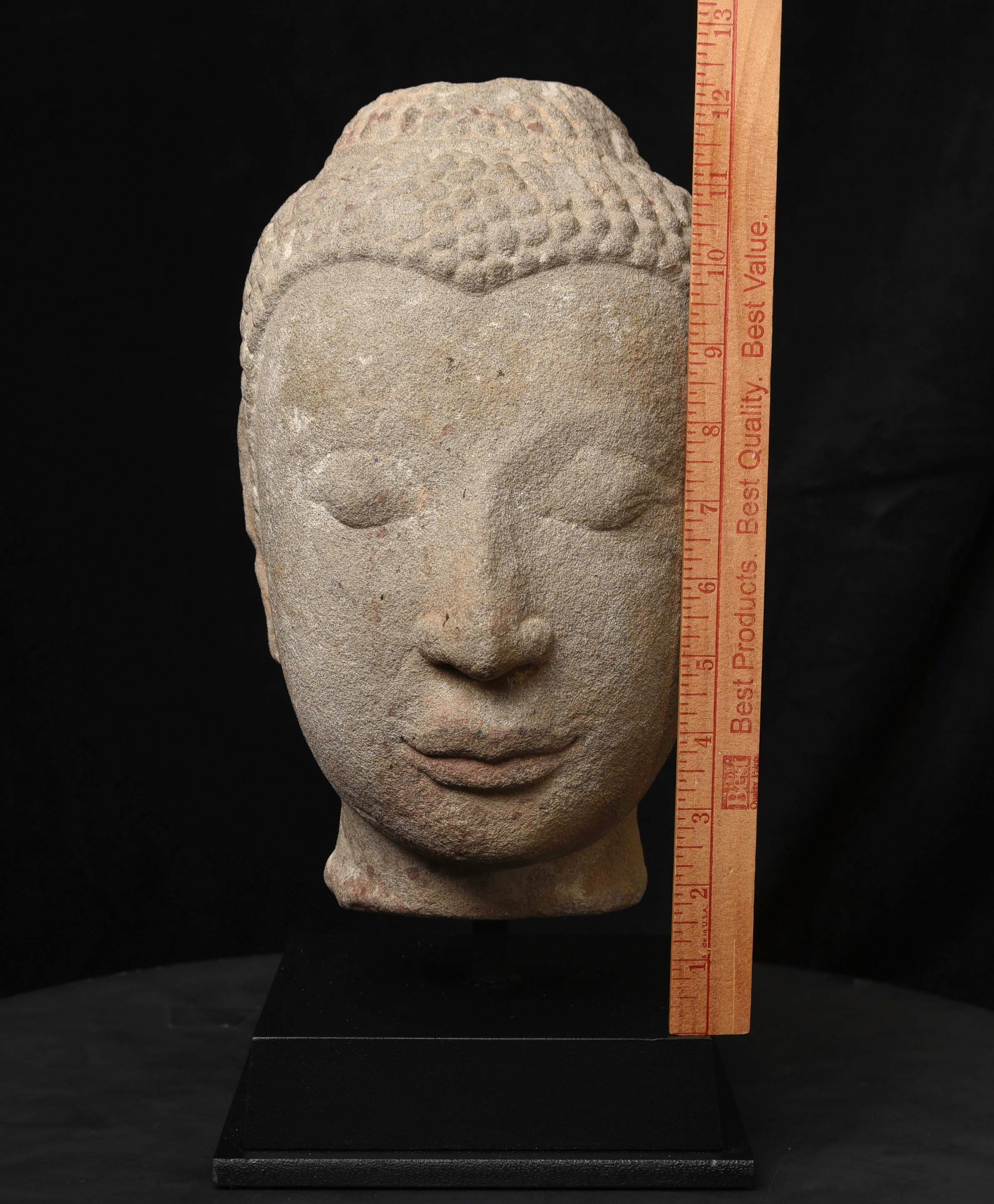 Carved 16th Century Thai Life Size Stone Buddha Head-Superb Ayuthaya Example For Sale