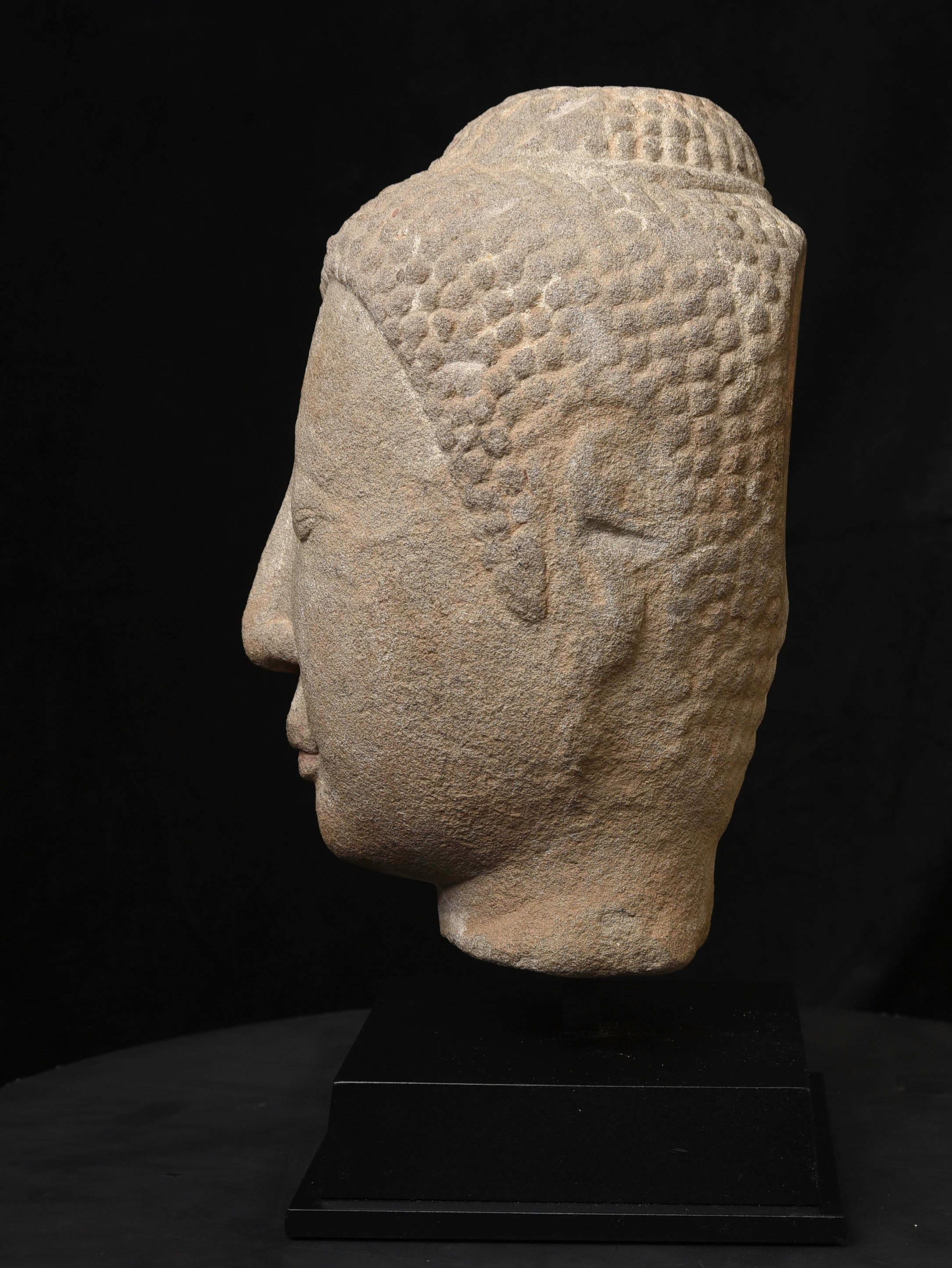 16th Century Thai Life Size Stone Buddha Head-Superb Ayuthaya Example In Distressed Condition For Sale In Ukiah, CA