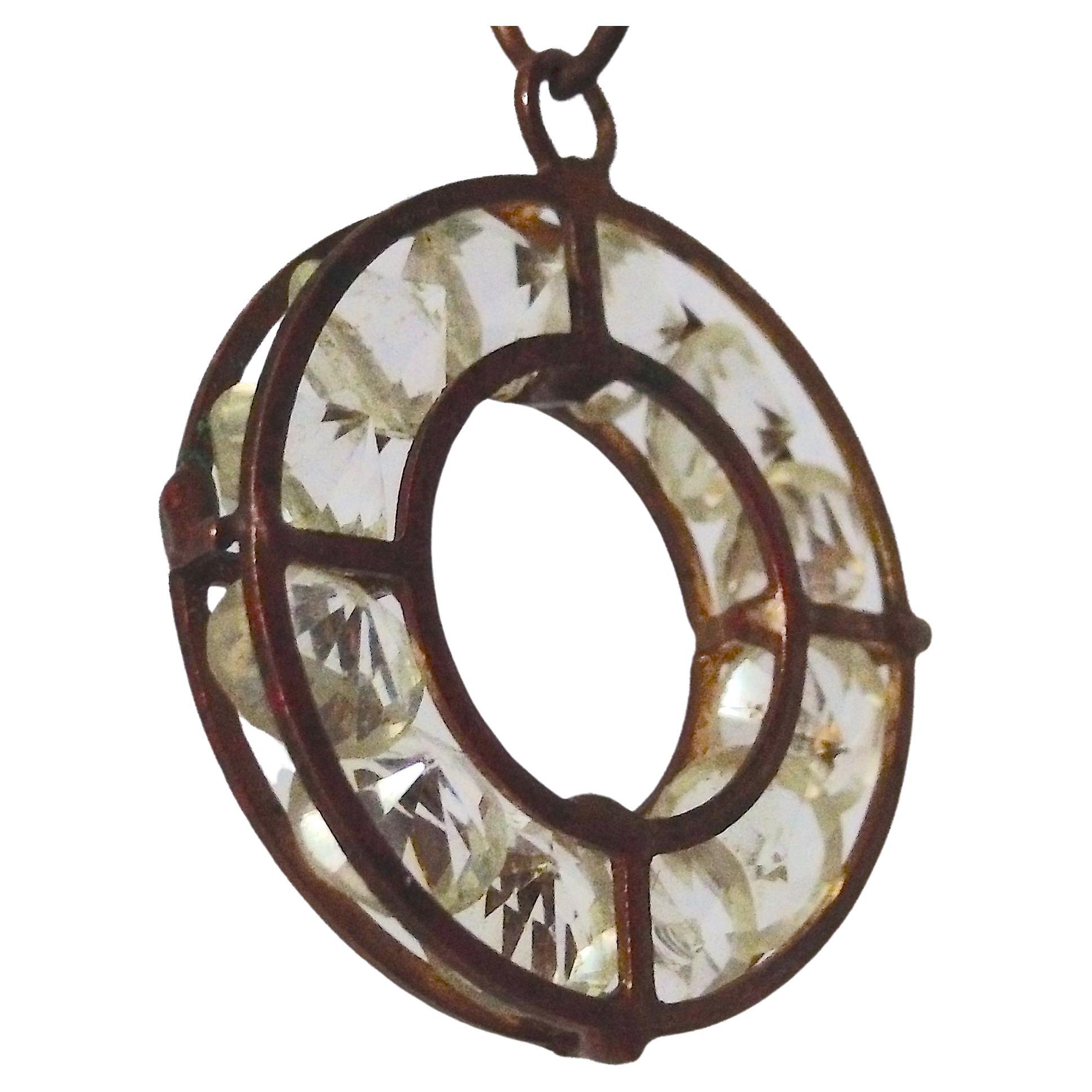 Round Cut Antique Amuletic DozenRockCrystals Caged MedievalStyle FourRing Bronze Pendant For Sale