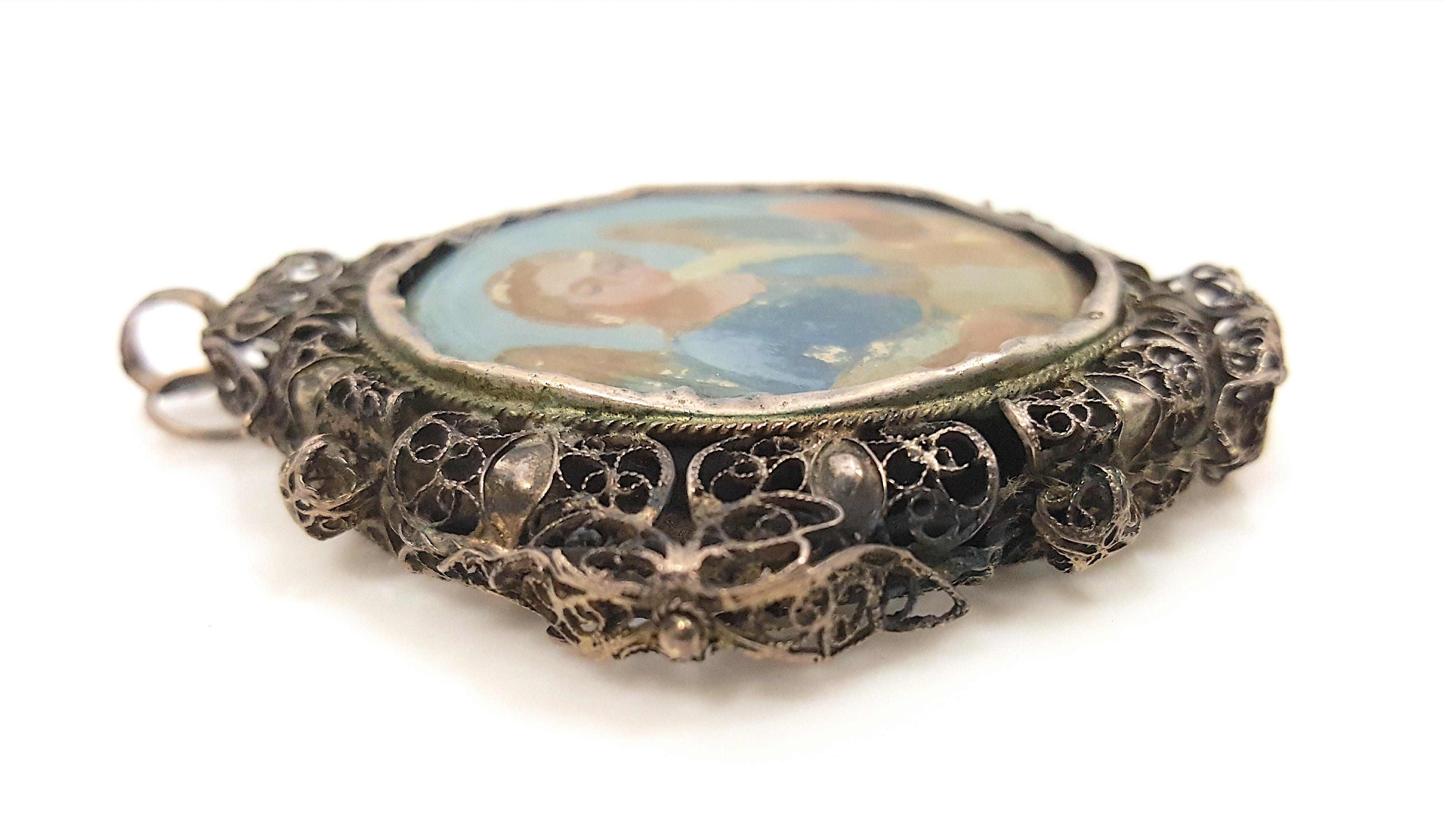 16thCentury Renaissance Ultramarine Angel GiltFiligree Crystal Medallion Pendant For Sale 1