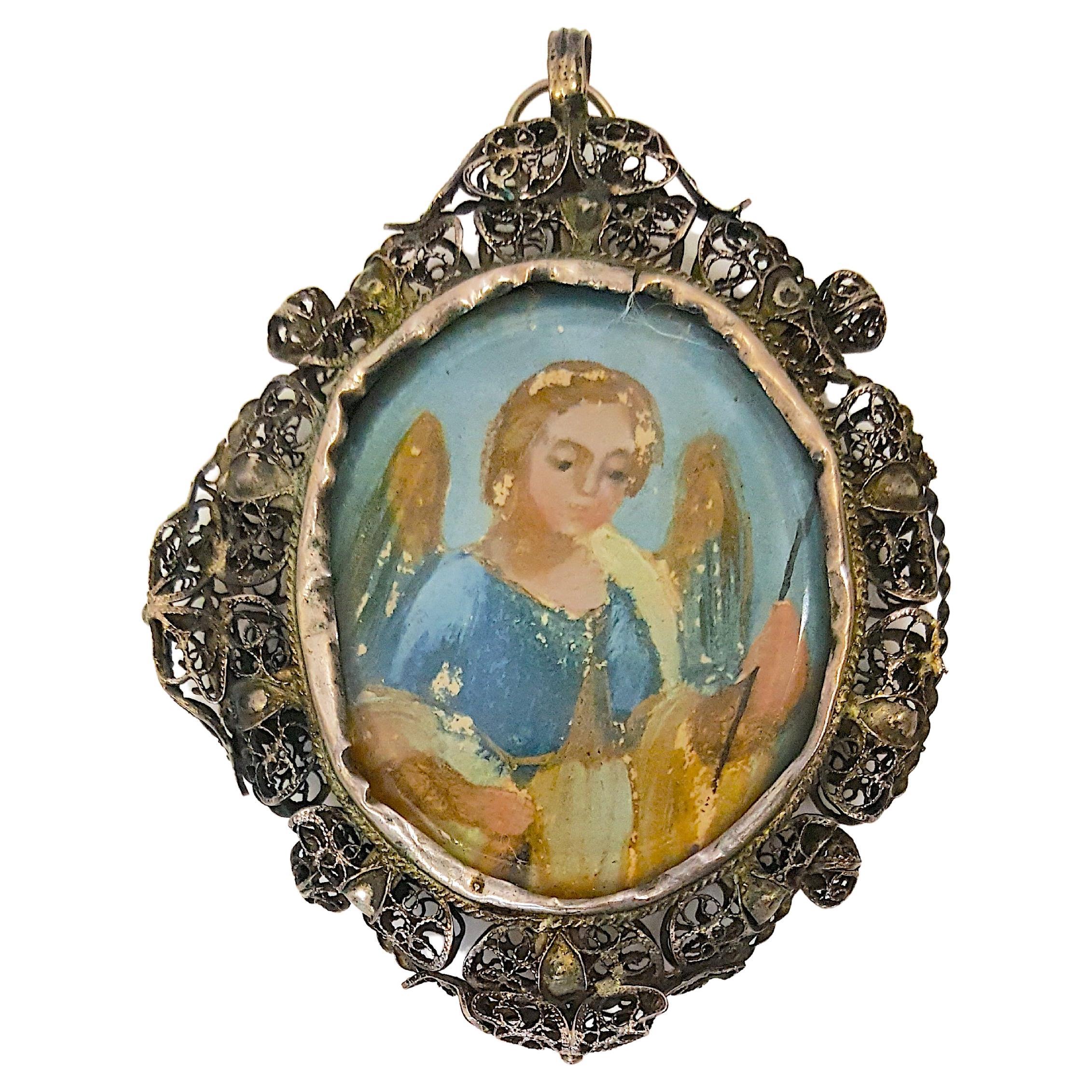 16thCentury Renaissance Ultramarine Angel GiltFiligree Crystal Medallion Pendant For Sale