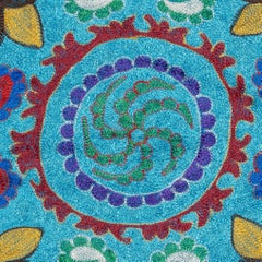 16"x16" Embroidered Silk Cushion Cover. Needlework Blue Color Toss Pillow Cover
