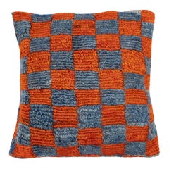 Funda de cojín de lana turca anudada a mano de 16 "x16". Cojín Vintage a Cuadros