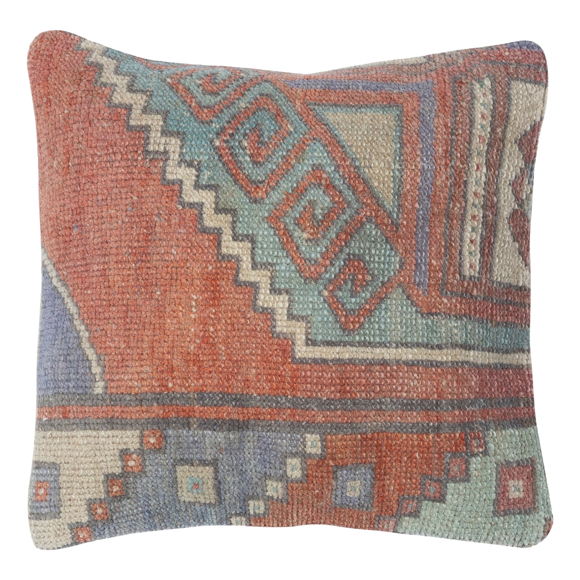 16"x16" Handknotted Wool Cushion Cover. Rug Throw Pillow. Vintage Toss Pillow
