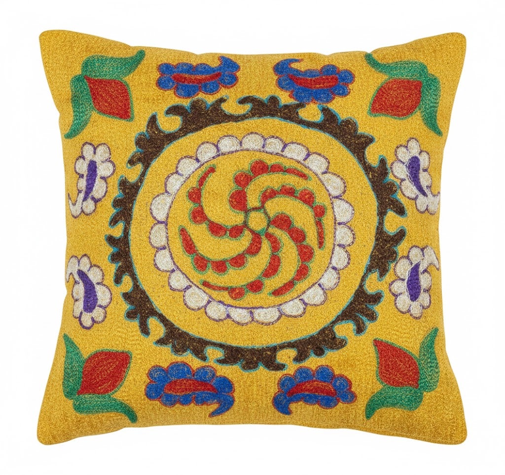 16"x16" Seidenstickerei Kissenbezug mit Kissenbezug. Handgefertigter Kopfkissenbezug. Gelbe Spitze Kissen