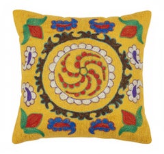 16"x16" Silk Embroidery Cushion Cover. Needlework Pillowcase. Yellow Lace Pillow