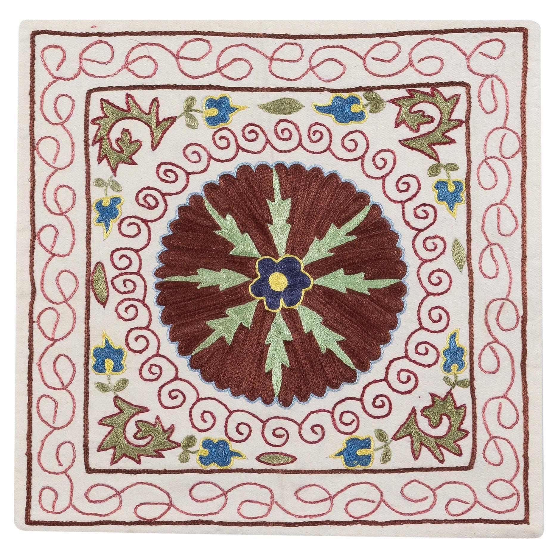 16"x17" Handmade Silk Embroidered Suzani Cushion Cover, New Uzbek Toss Pillow