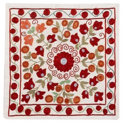 16"x17" Silk Embroidery Cushion Cover. Floral Suzani Pillow in Cream & Red